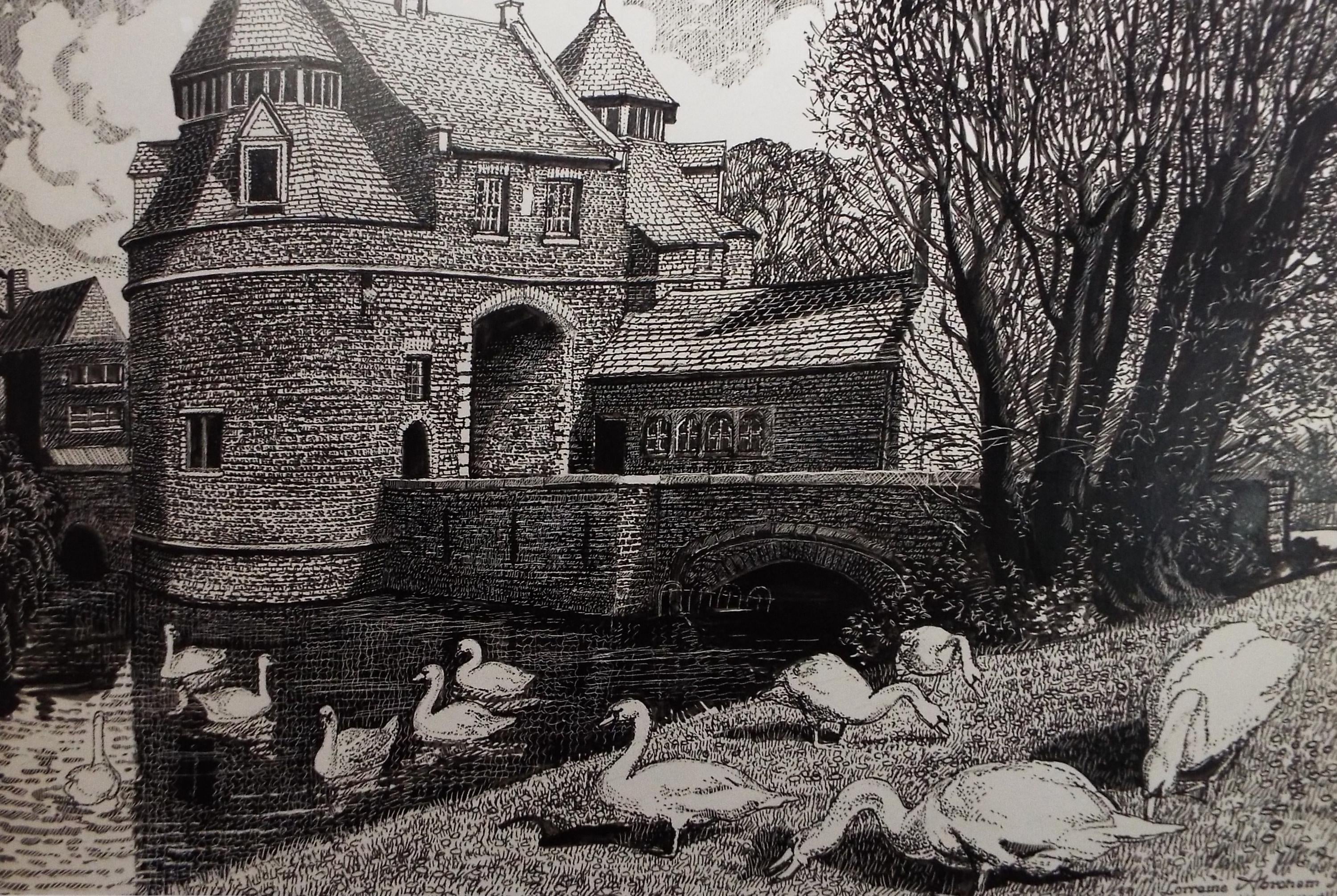 Original Scraperboard & ink drawing, 'Moated Manor House with mute swans', Lorraine Abraham RSMA (1941-2023), Dated 1998