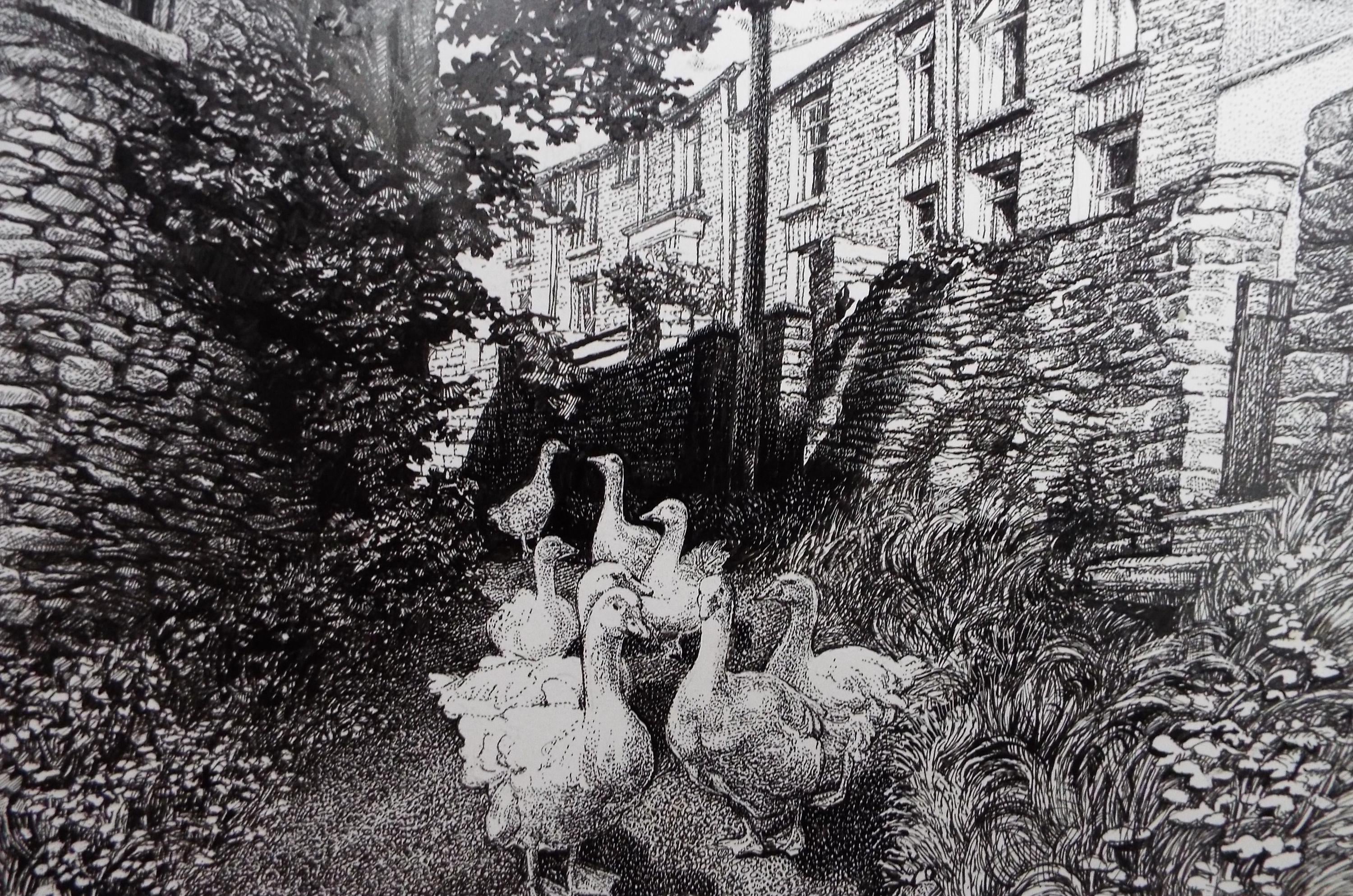 Original Scraperboard & Ink drawing, 'A Gaggle of Geese', Lorraine Abraham RSMA (1941-2023), Circa 1990's