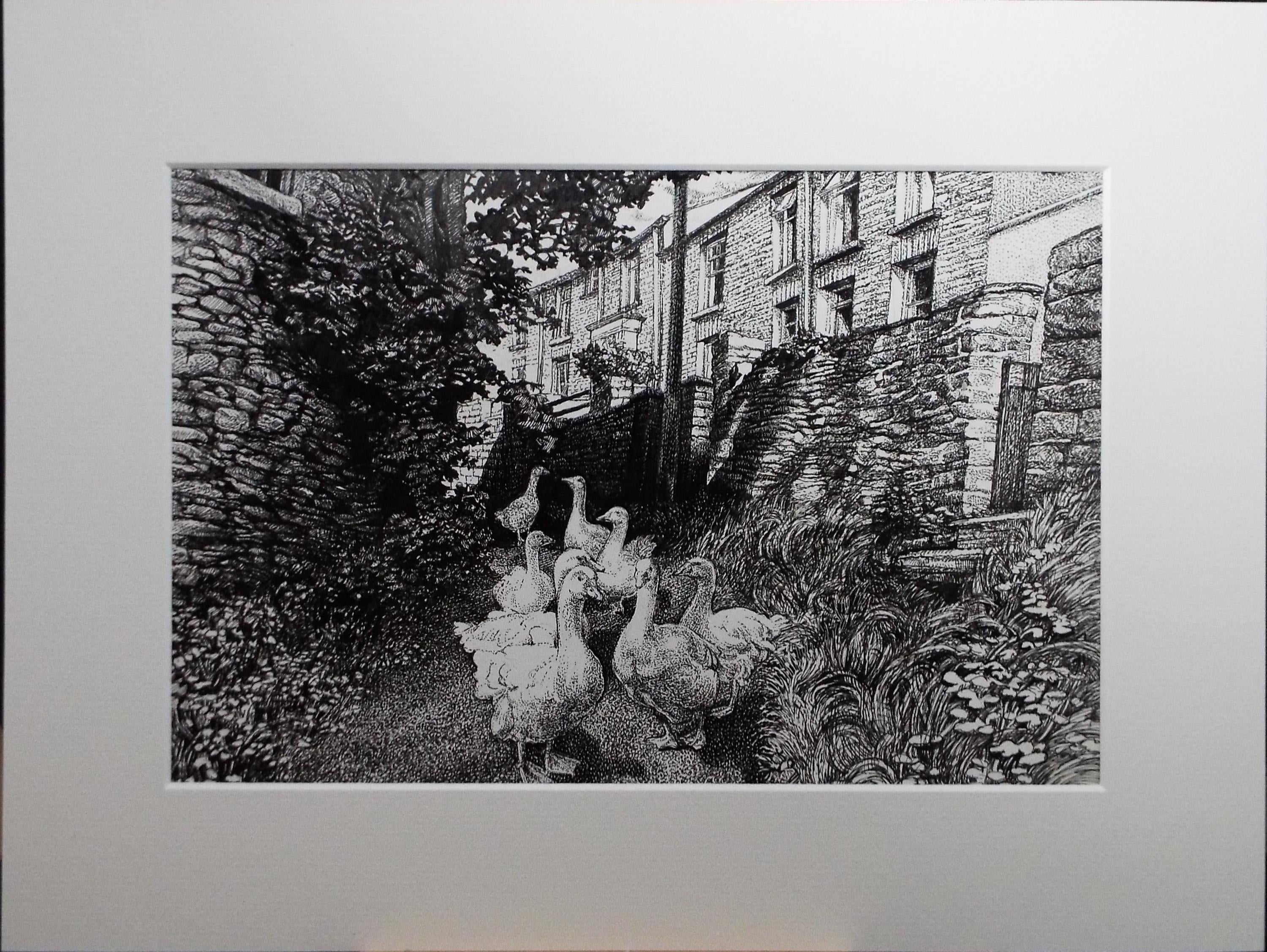 Original Scraperboard & Ink drawing, 'A Gaggle of Geese', Lorraine Abraham RSMA (1941-2023), Circa 1990's