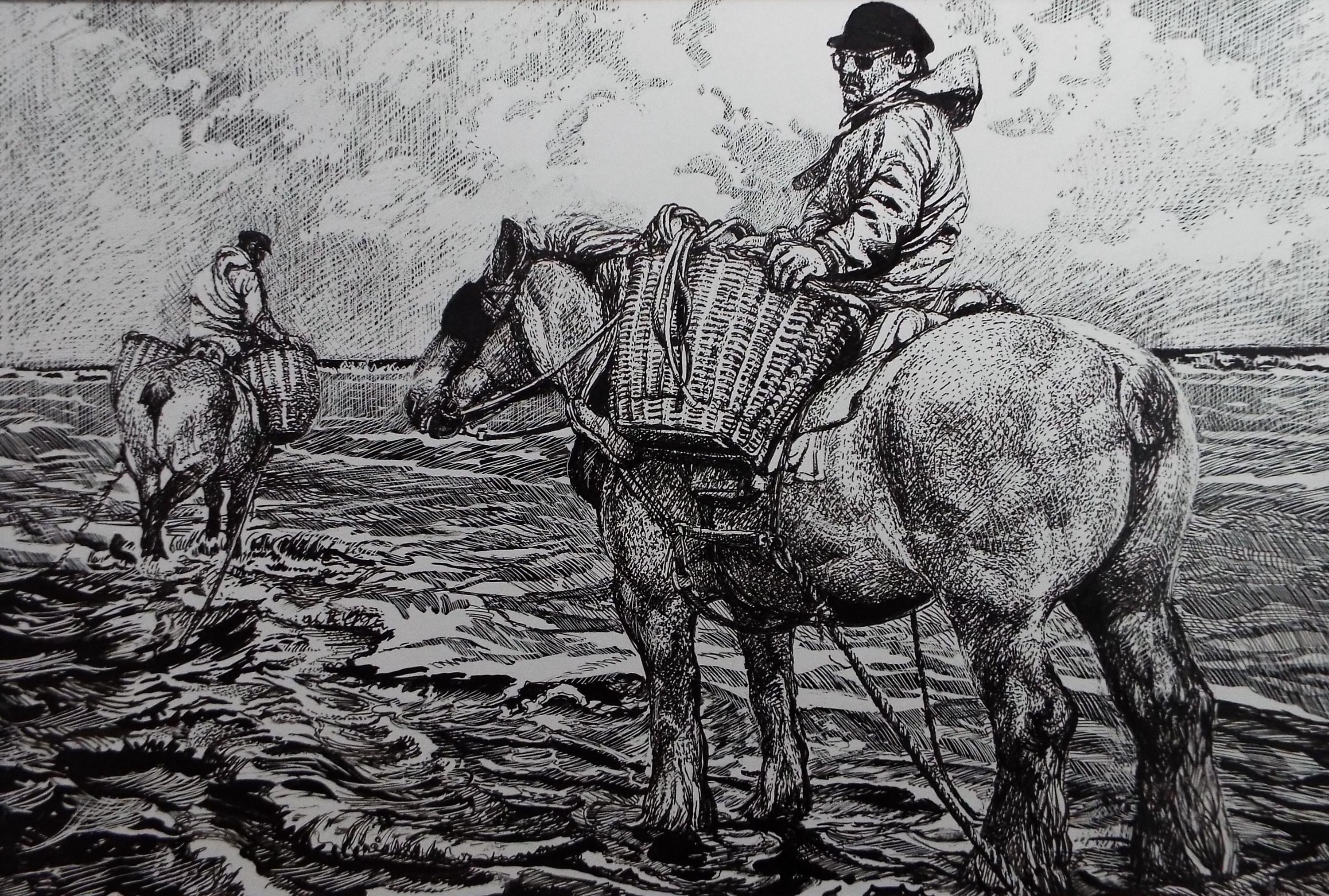Original Scraperboard & ink drawing, 'Cockle Pickers', Lorraine Abraham RSMA (1941-2023), Circa 1990's