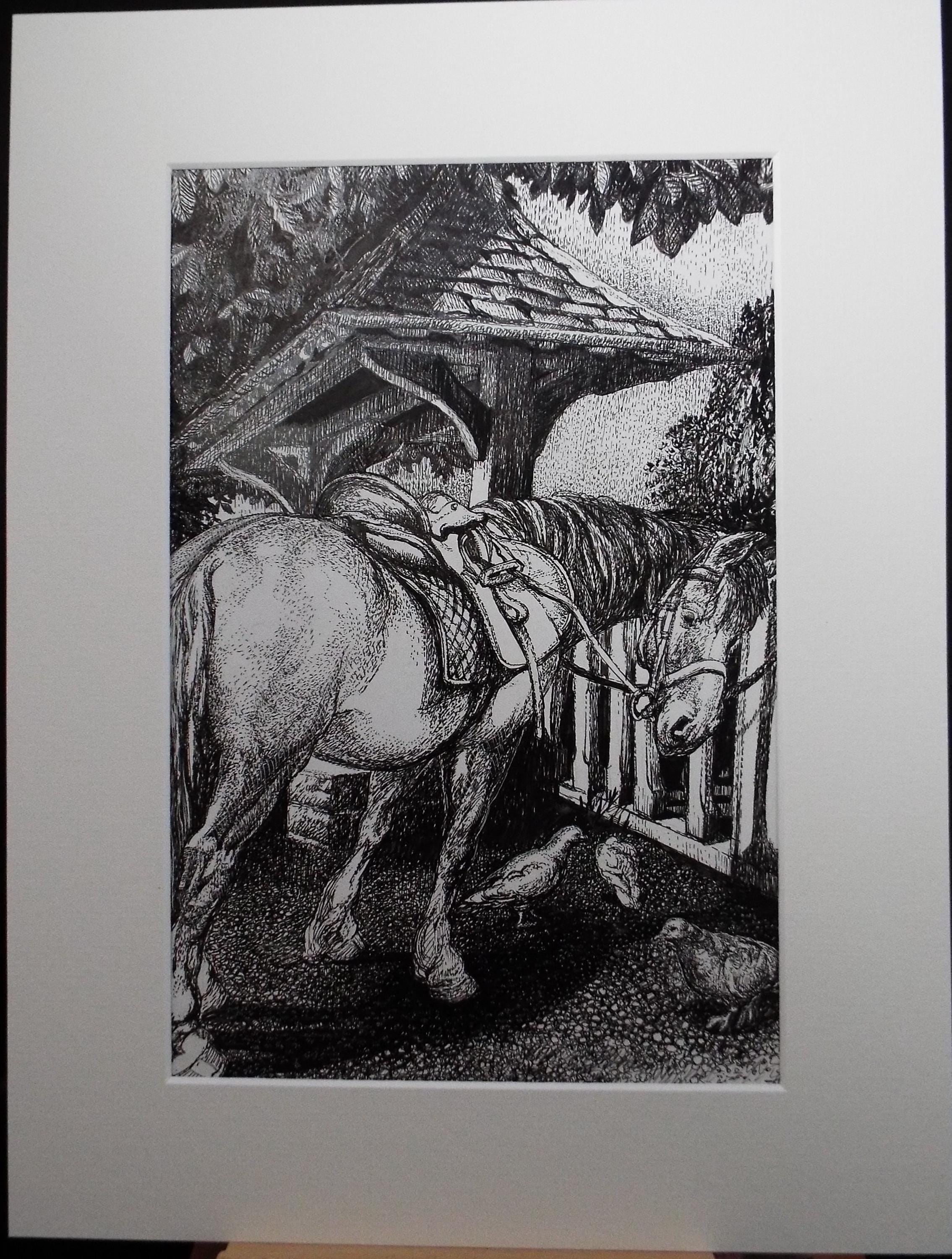 Original Scraperboard & ink drawing, 'Pony at the Lych Gate', Lorraine Abraham RSMA (1941-2023), Circa 1990's