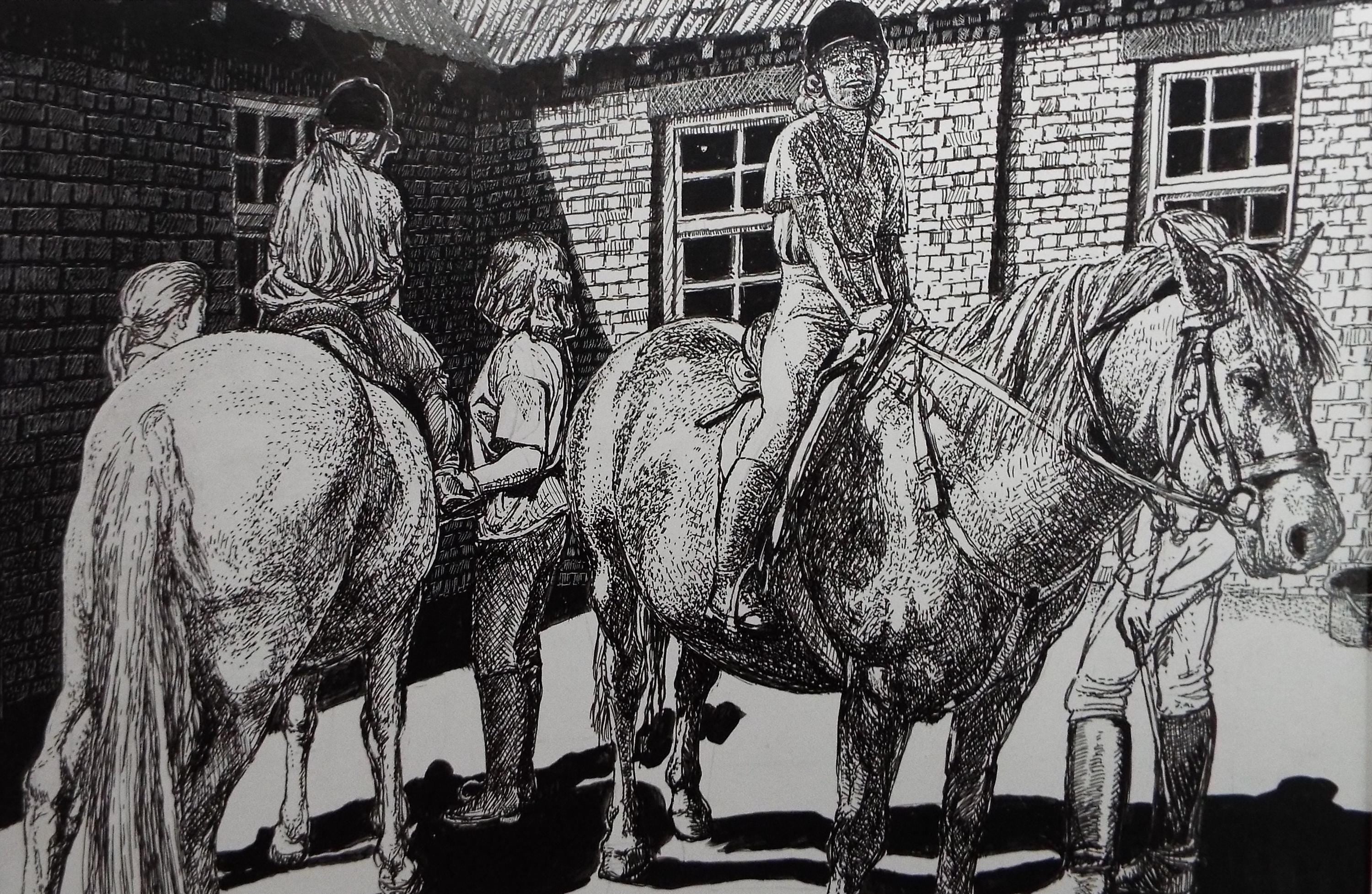 Original Scraperboard & ink drawing, 'Mounting Up', Lorraine Abraham RSMA (1941-2023), Circa 1990's