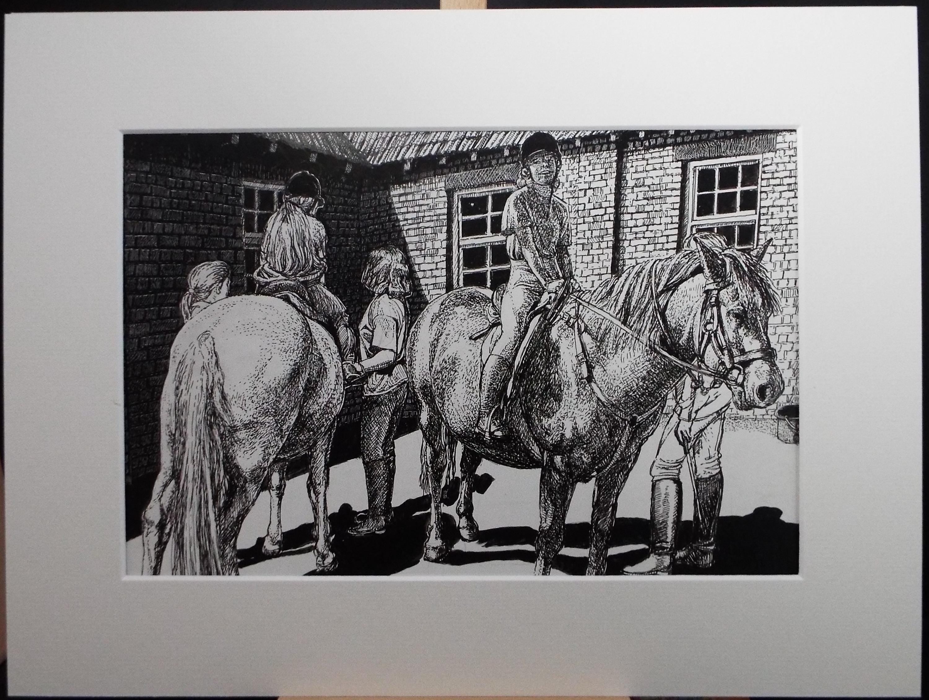 Original Scraperboard & ink drawing, 'Mounting Up', Lorraine Abraham RSMA (1941-2023), Circa 1990's