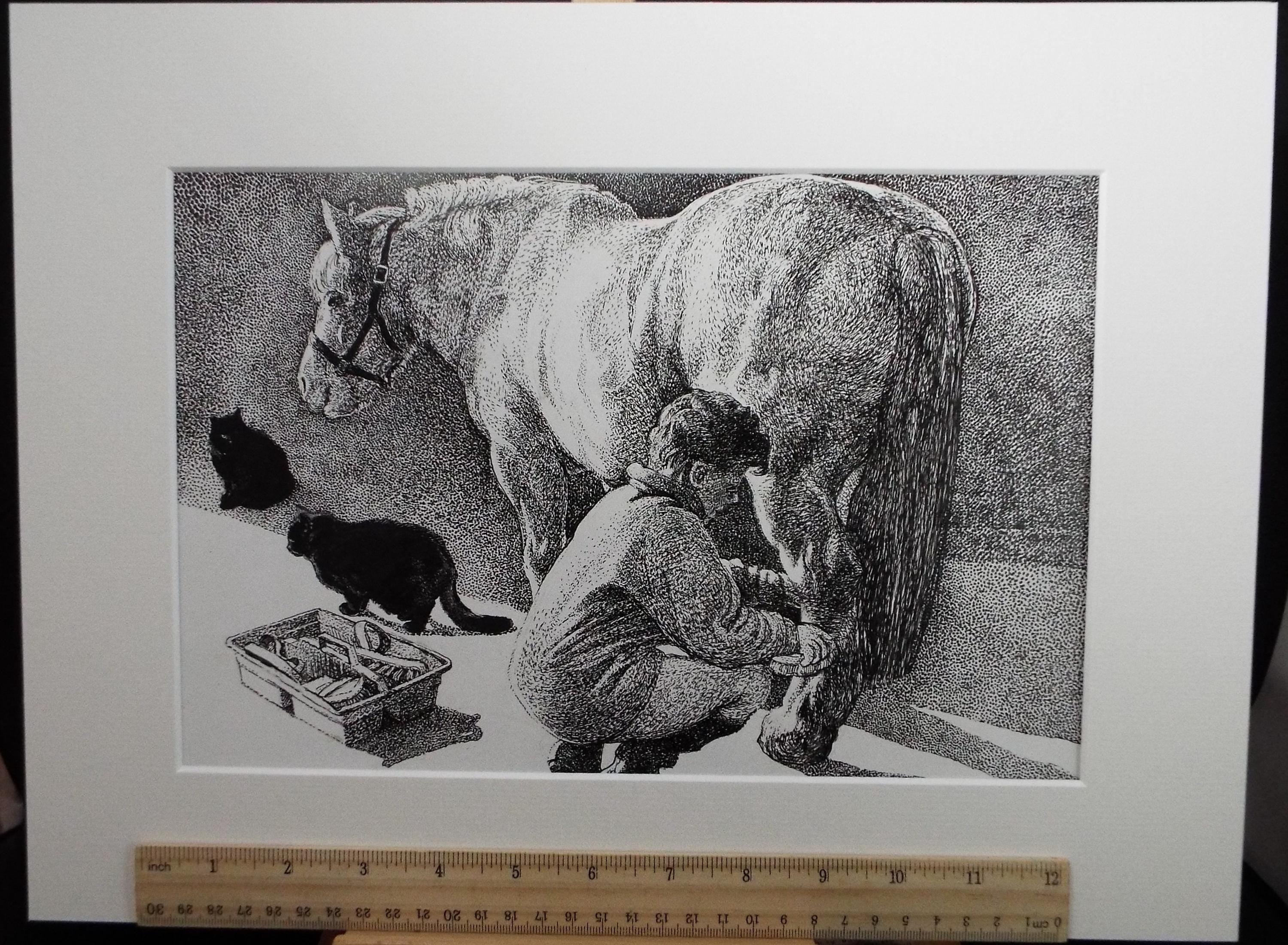 Original ink drawing, 'Grooming the Pony', Lorraine Abraham RSMA (1941-2023), Circa 1990's