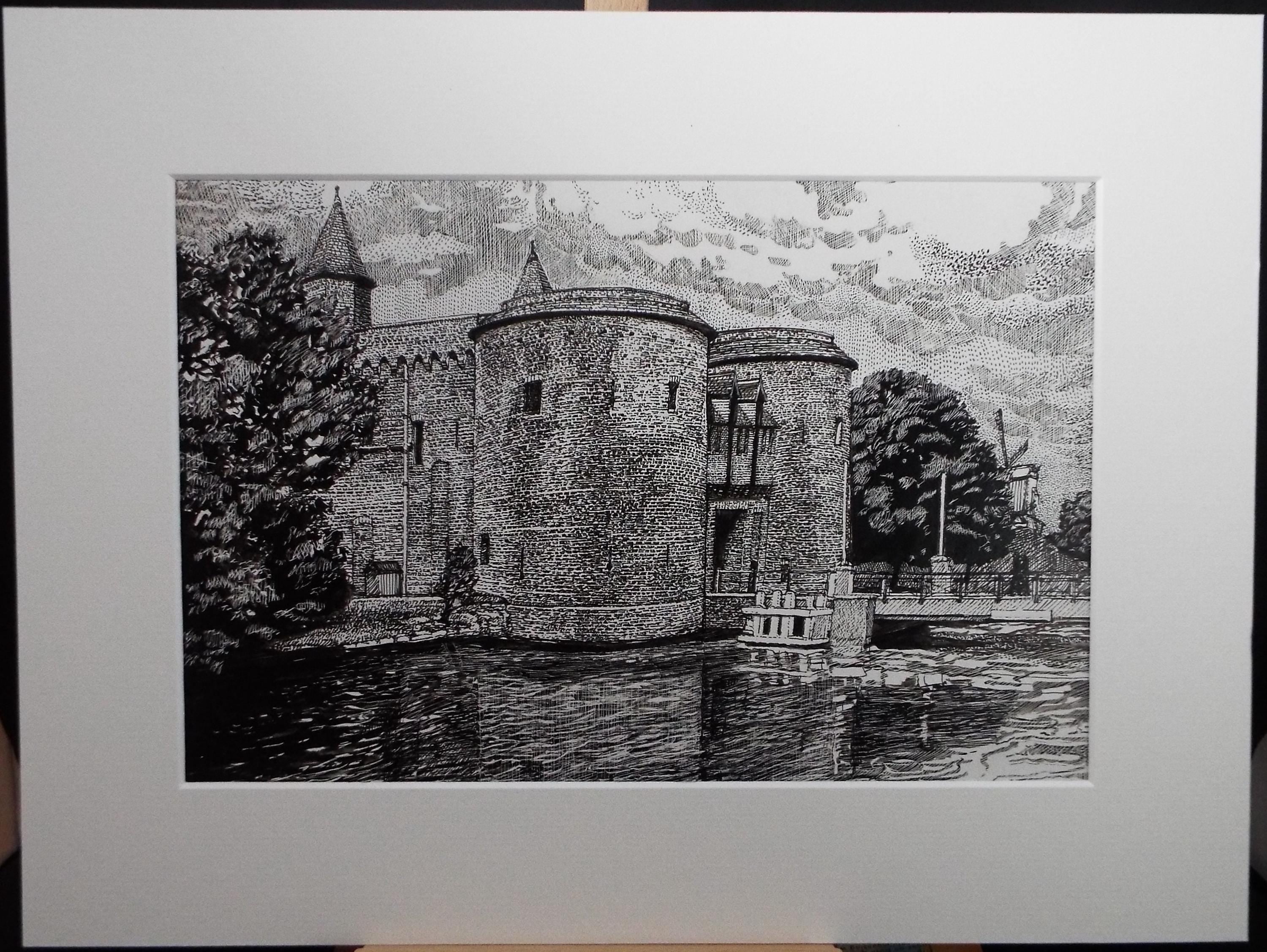 Original Scraperboard & ink drawing, 'The Castle Moat', Lorraine Abraham RSMA (1941-2023), Circa 1990's