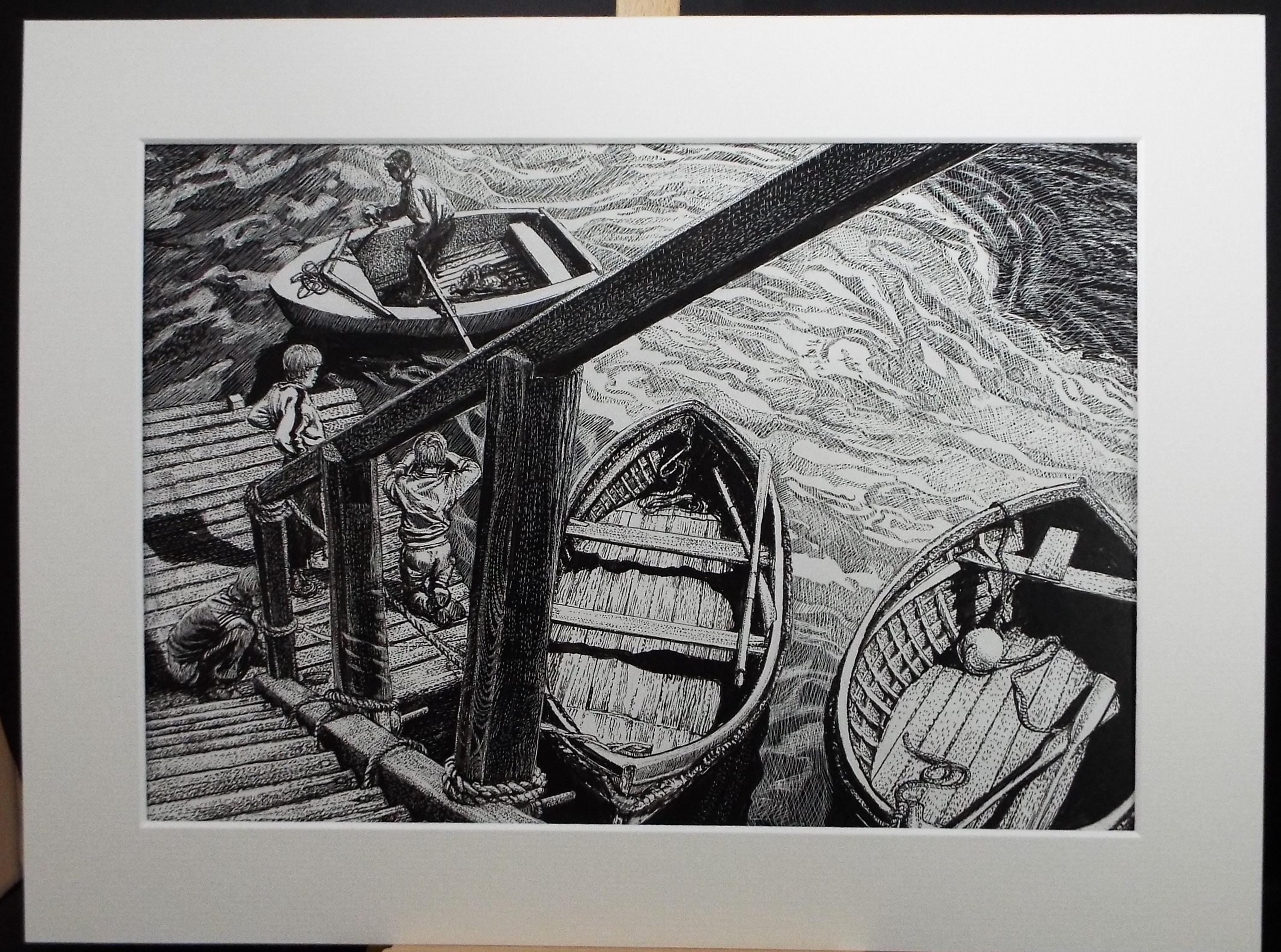 Original Scraperboard & ink drawing, 'Boys on the Harbour Steps', Lorraine Abraham RSMA (1941-2023), Circa 1990's