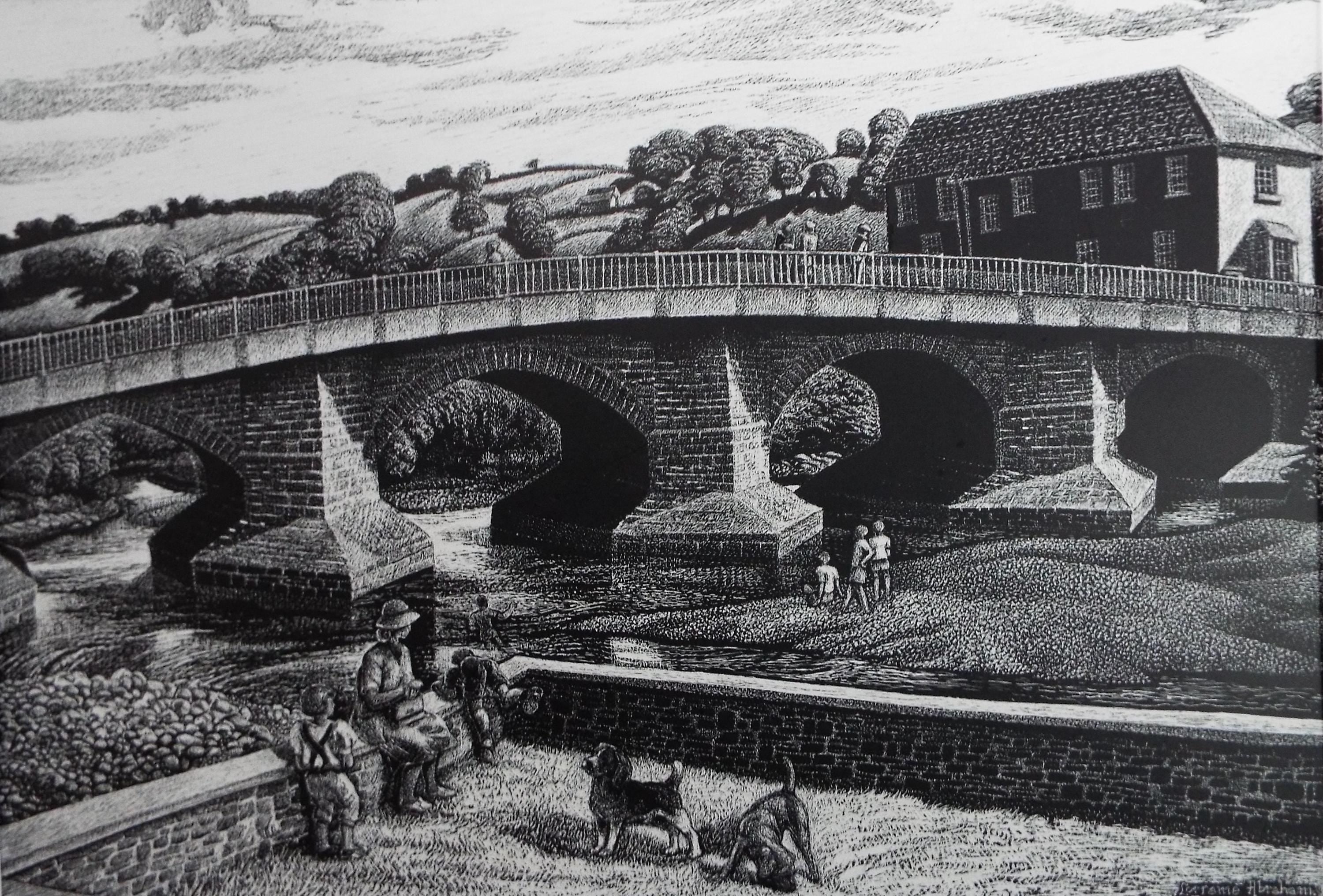 Original Scraperboard drawing, 'River with Figures', Lorraine Abraham RSMA (1941-2023), Circa 1990's