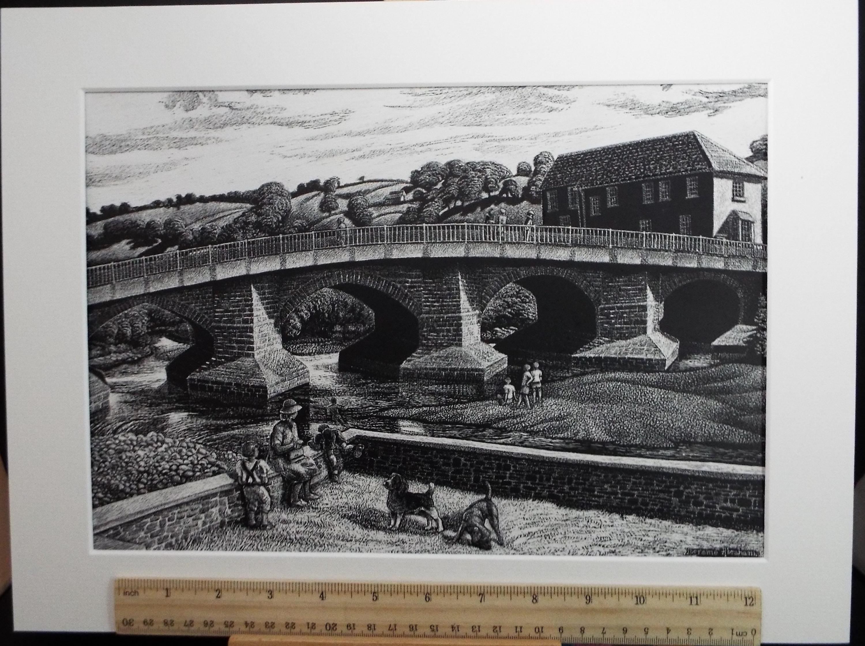 Original Scraperboard drawing, 'River with Figures', Lorraine Abraham RSMA (1941-2023), Circa 1990's