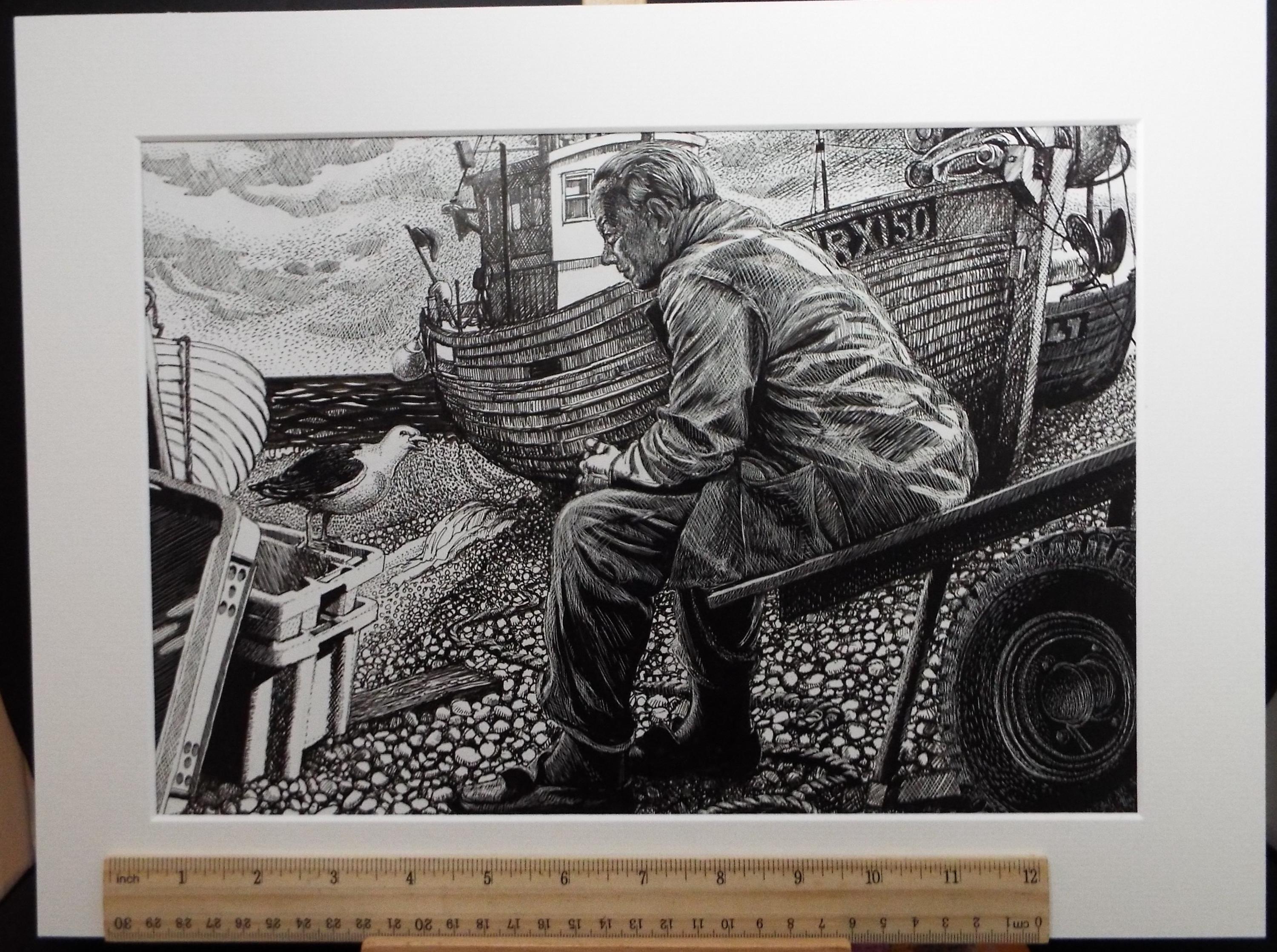 Original Scraperboard & ink drawing, 'Fisherman's Friend', Lorraine Abraham RSMA (1941-2023), Circa 1990's