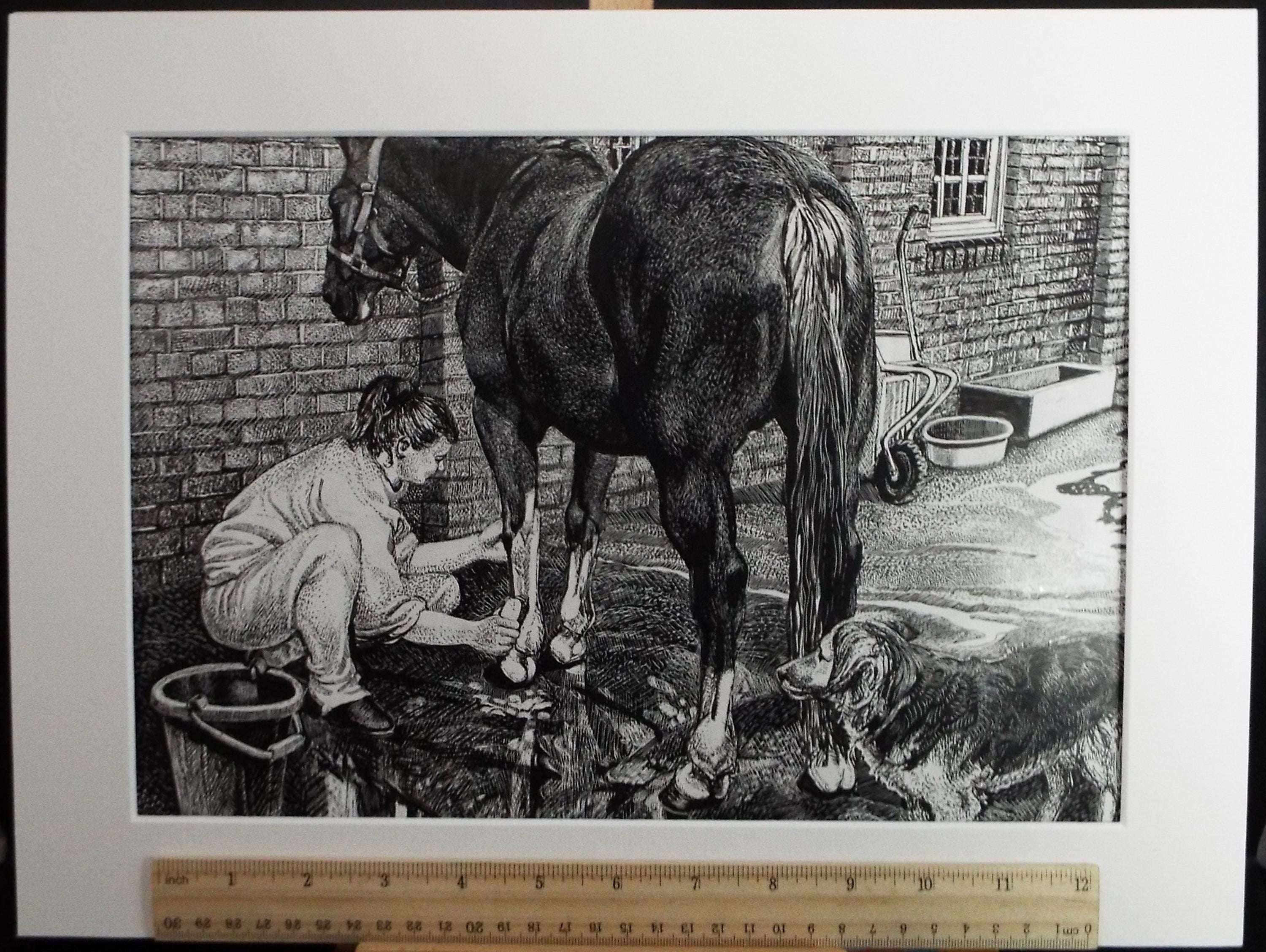 Original Scraperboard & ink drawing, 'Grooming the Horse', Lorraine Abraham RSMA (1941-2023), Circa 1990's