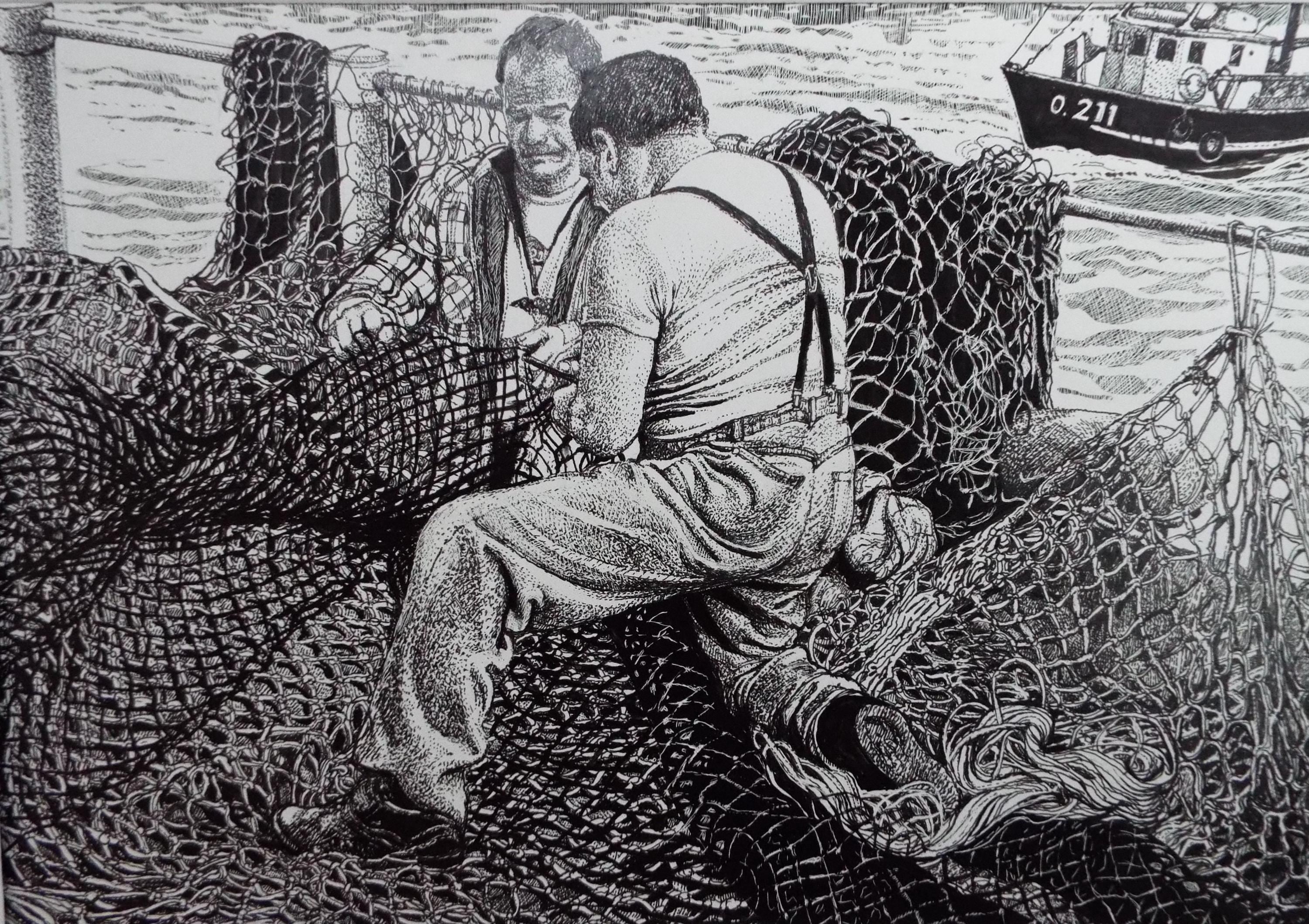 Original Scraperboard & ink drawing, 'Mending the Nets', Lorraine Abraham RSMA (1941-2023), Circa 1990's