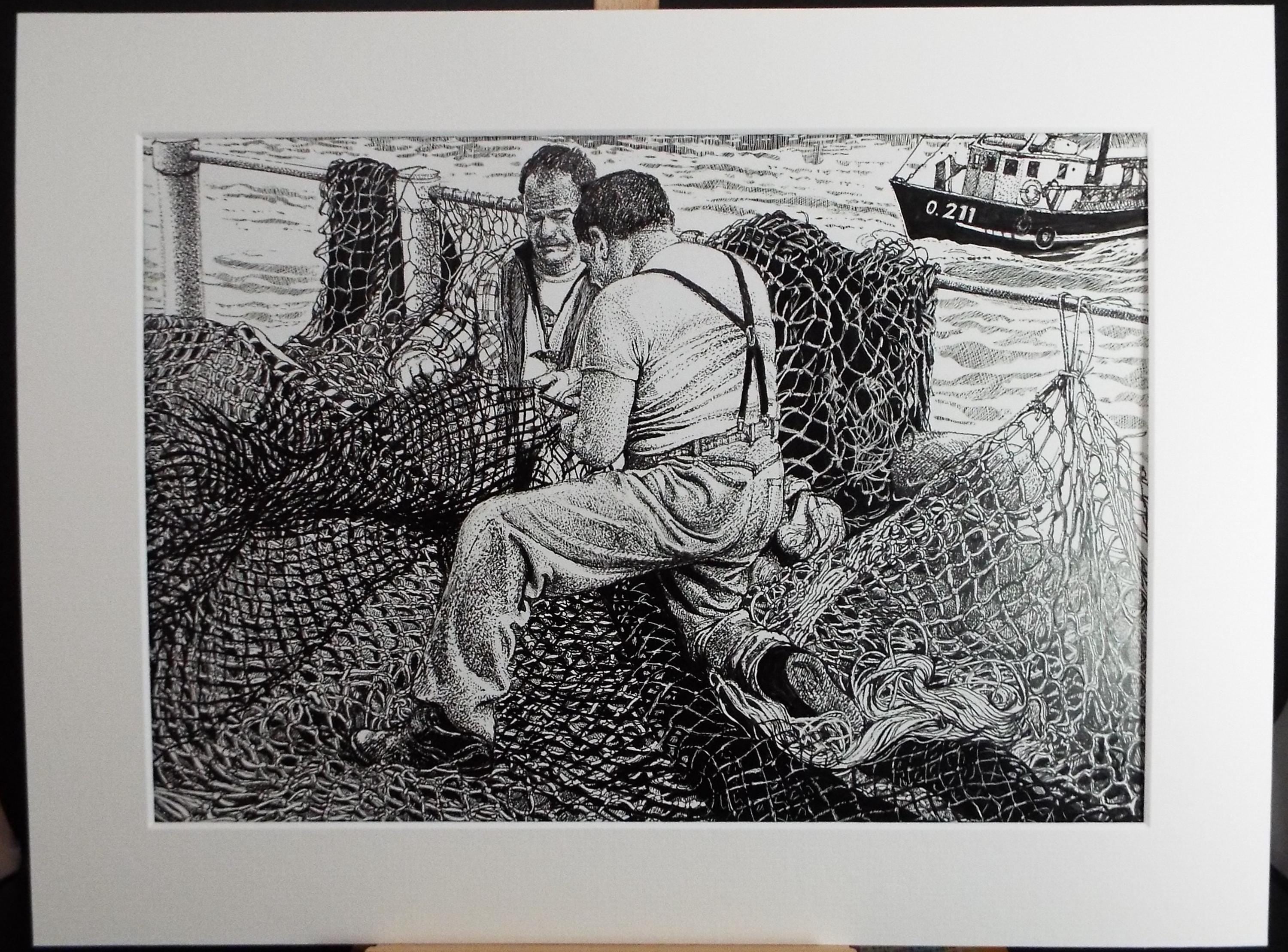 Original Scraperboard & ink drawing, 'Mending the Nets', Lorraine Abraham RSMA (1941-2023), Circa 1990's