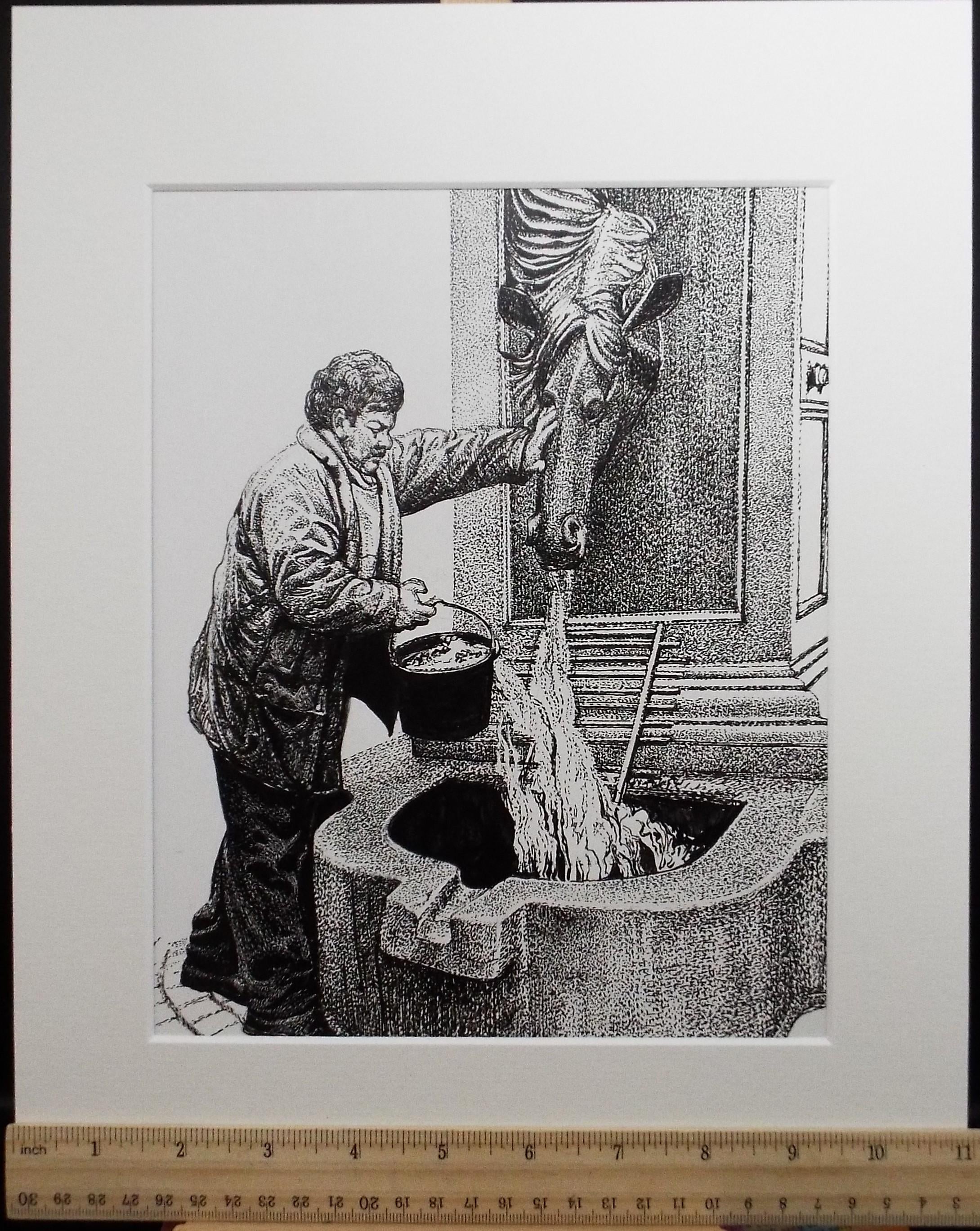 Original Scraperboard & ink drawing, 'Horsehead Watering Trough', Lorraine Abraham RSMA (1941-2023), Circa 1990's