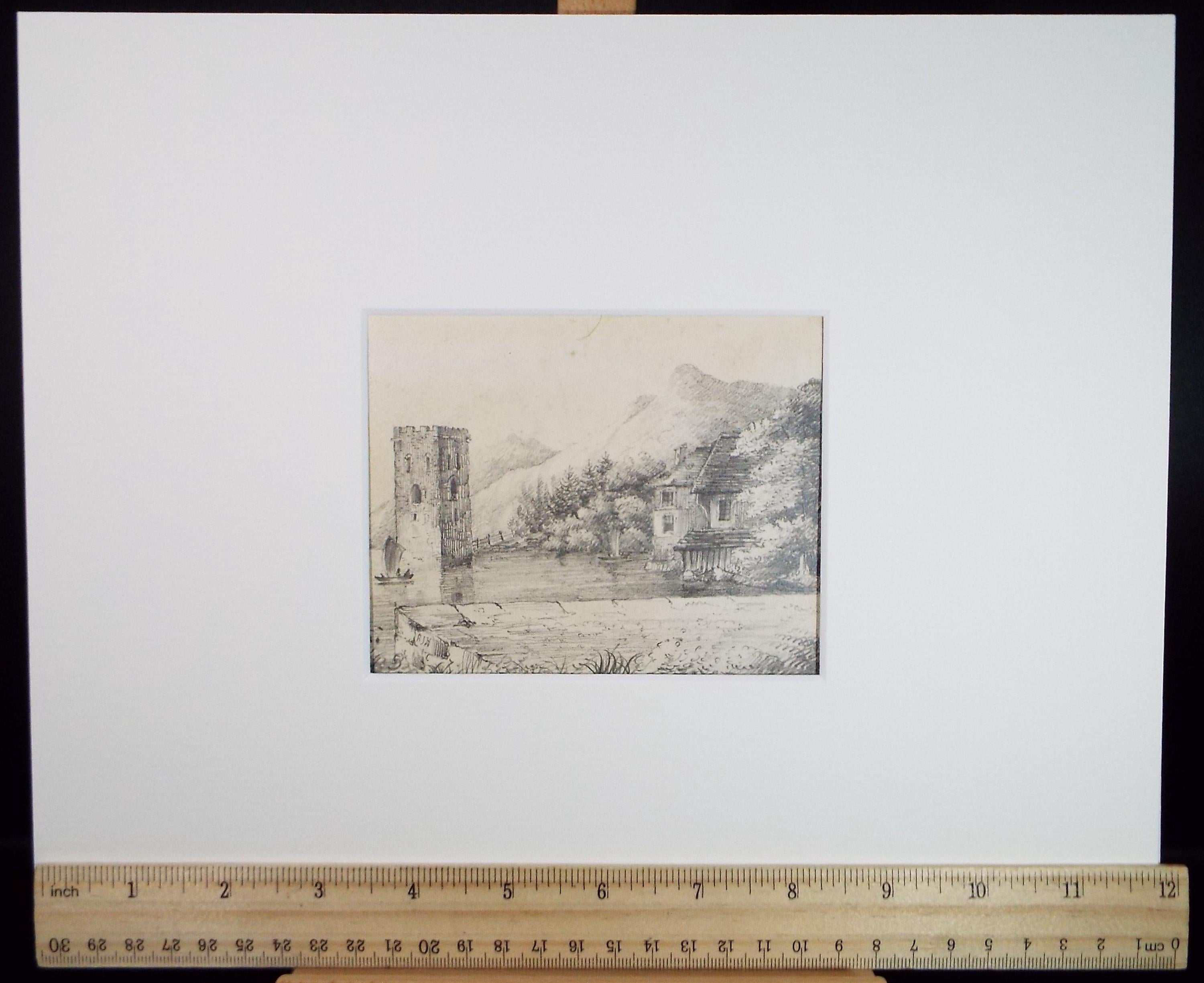 Original Pencil drawing , 'Coast with Tower and Shipping', Circa 1870, artist unknown