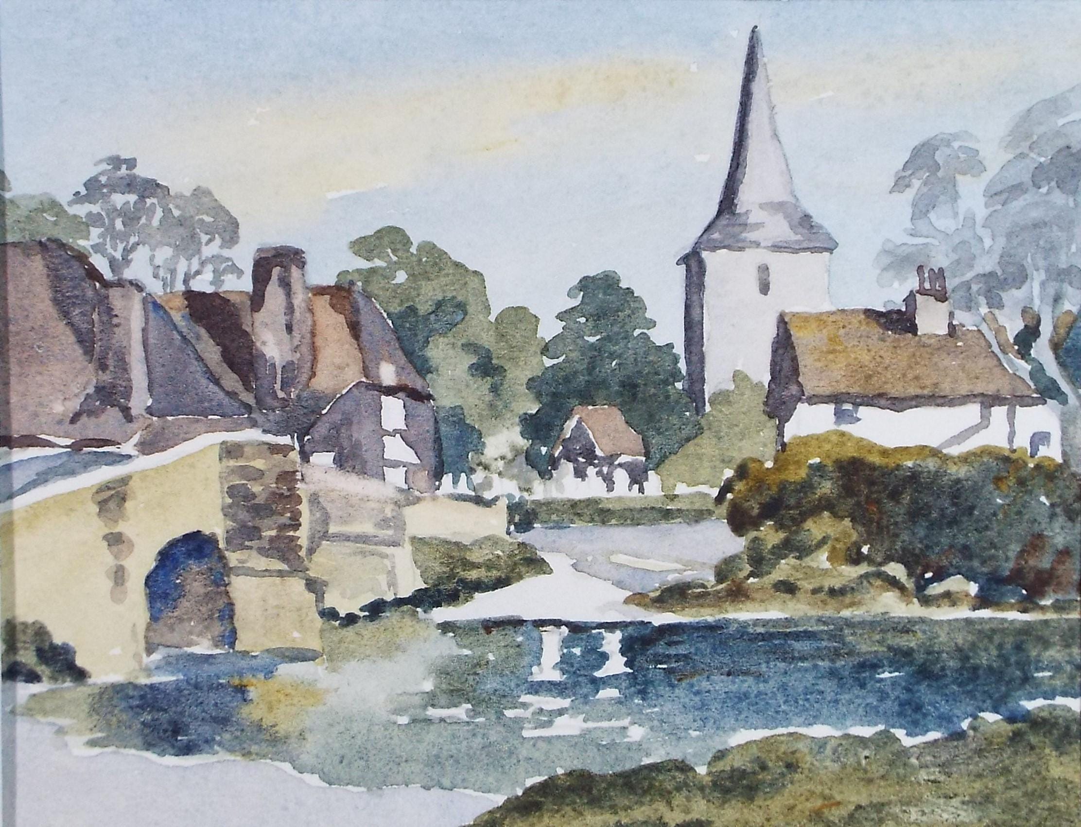 Original watercolour Drawing, 'River through the town', circa 1990's , Artist Unknown