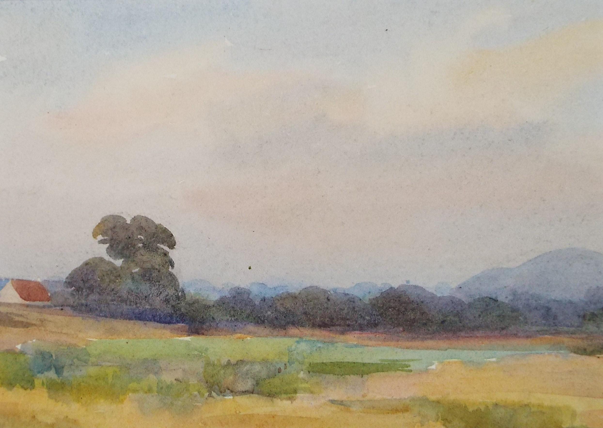 Original Watercolour, 'Fields and Hedgerow', Artist Unknown, circa 1920's