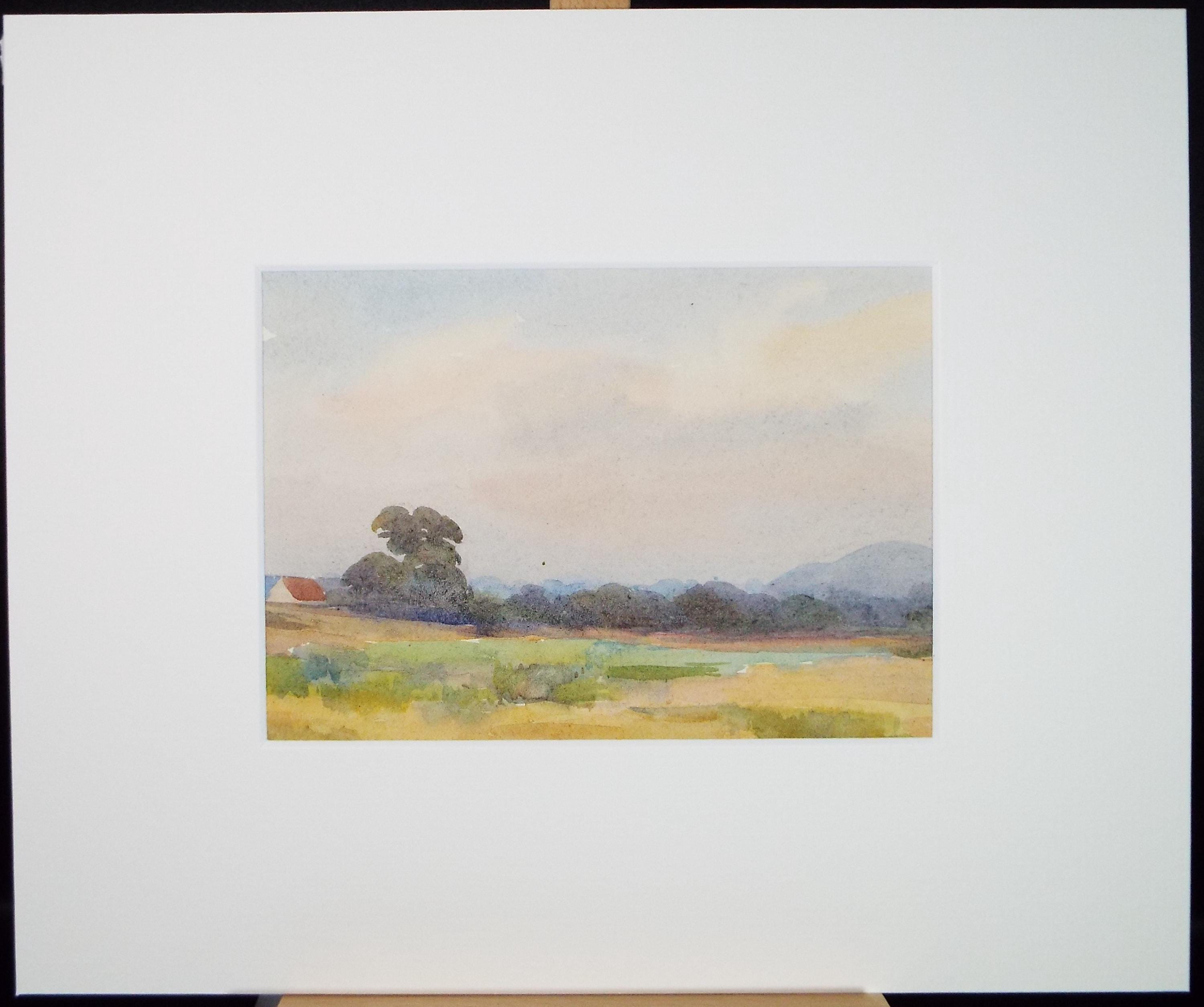 Original Watercolour, 'Fields and Hedgerow', Artist Unknown, circa 1920's