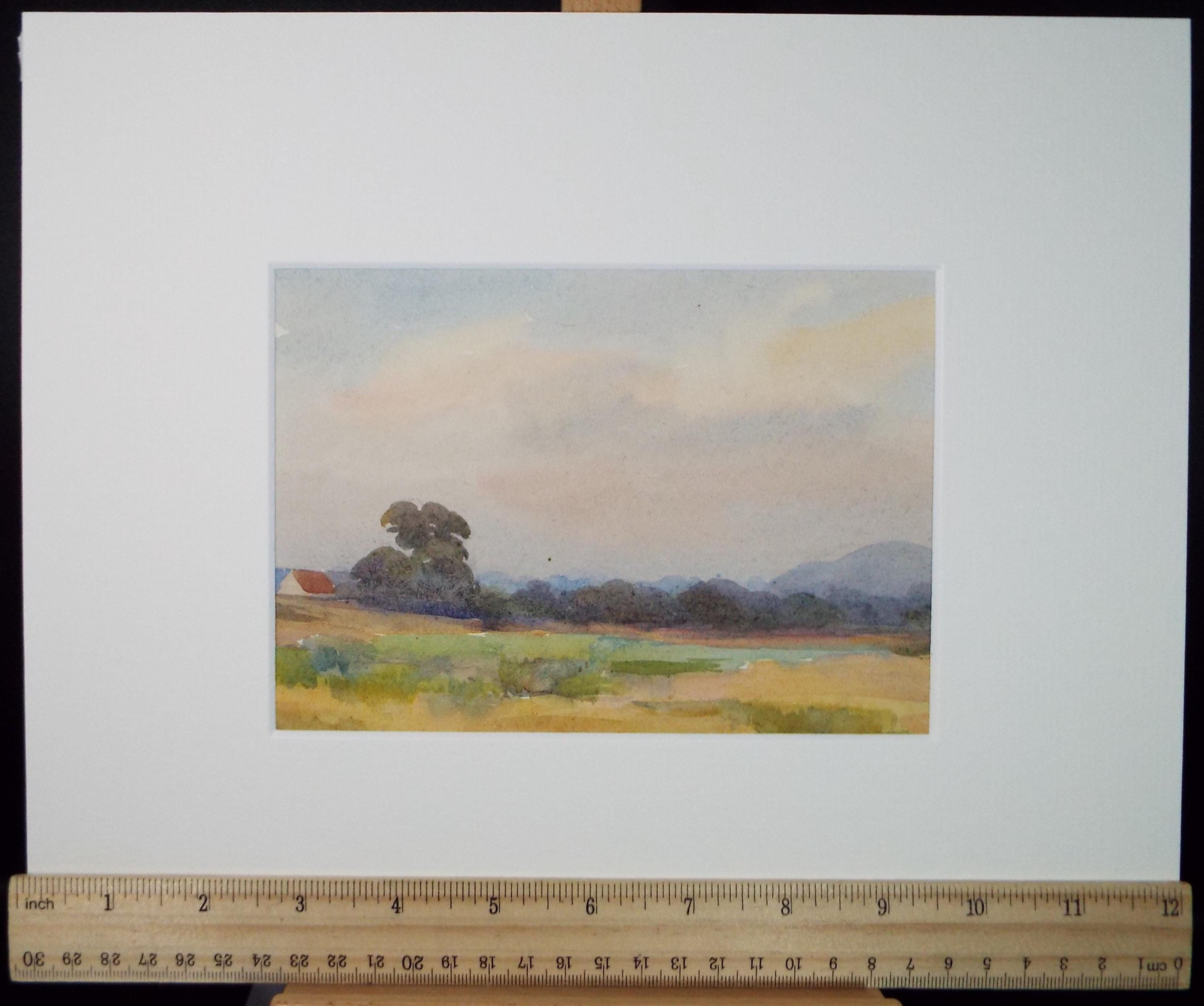 Original Watercolour, 'Fields and Hedgerow', Artist Unknown, circa 1920's