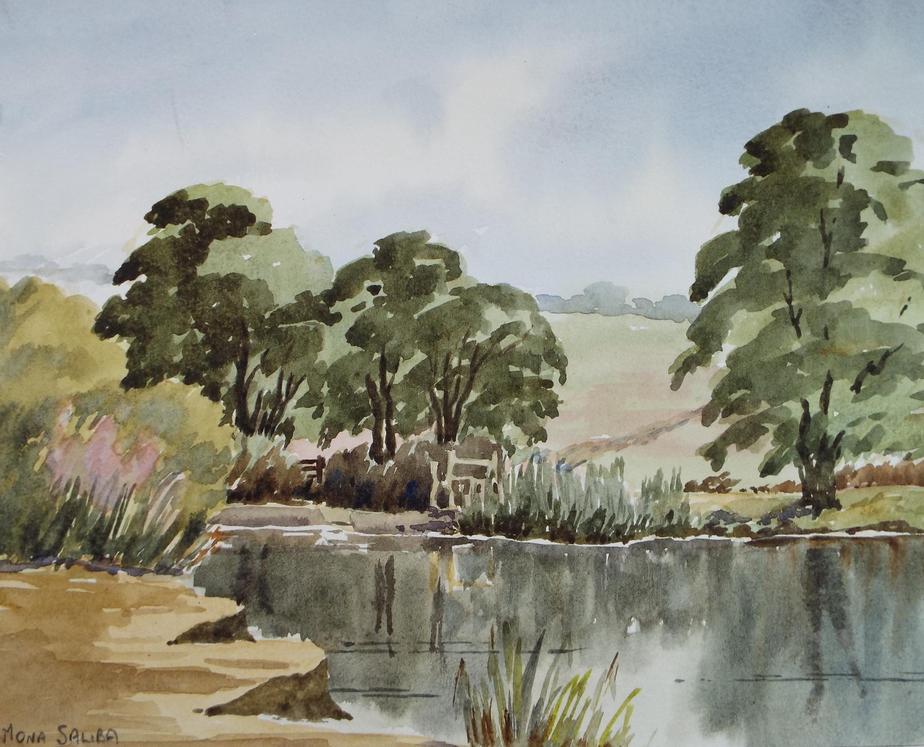 Original Watercolour, 'The pond, Ditchling Common', Dated 1988, Mona Silba