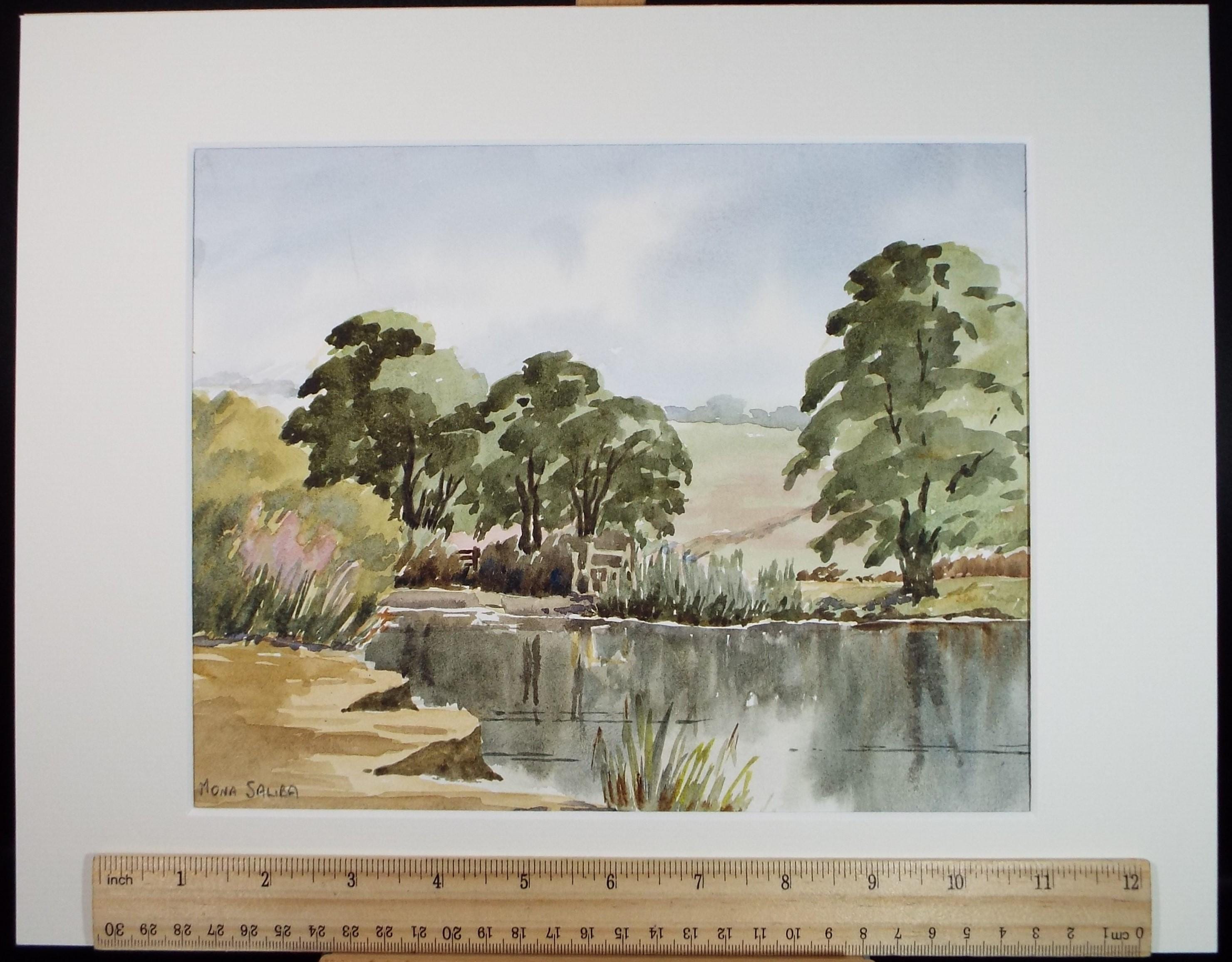 Original Watercolour, 'The pond, Ditchling Common', Dated 1988, Mona Silba