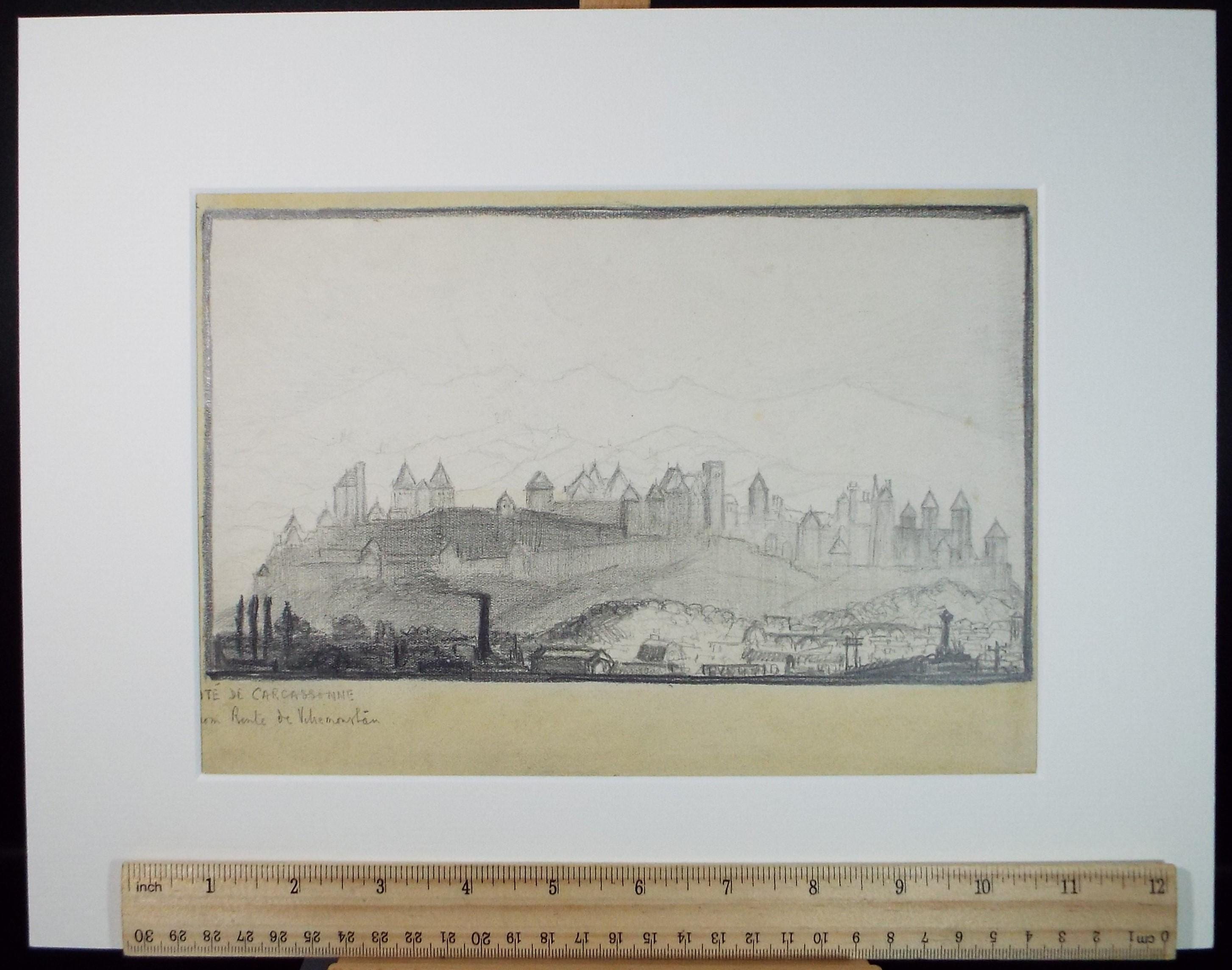 Original Pencil drawing, 'Cite de Carcassonne', C B Farrar, Late 19th Century