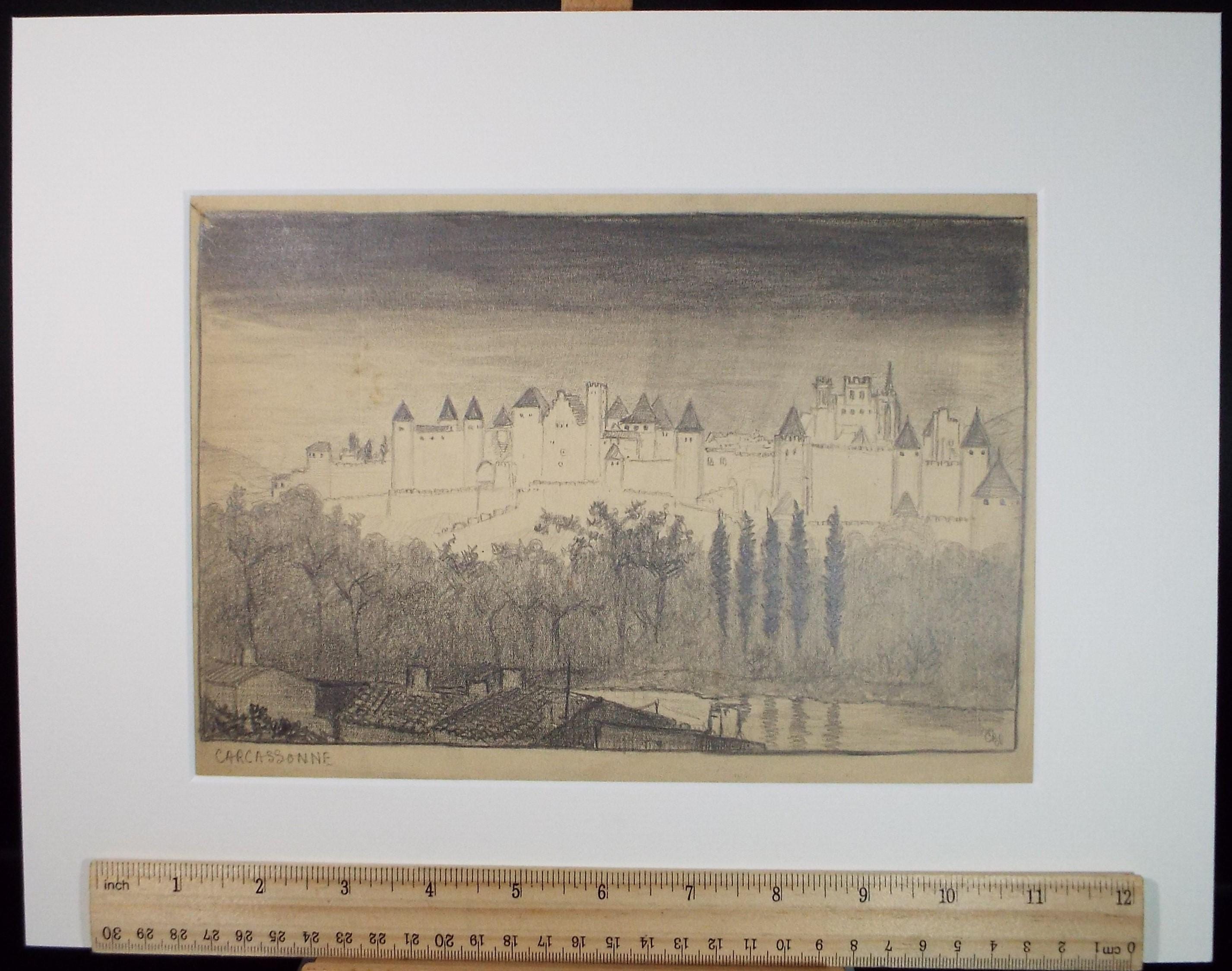 Original Pencil drawing, 'Carcassonne', C B Farrar, Late 19th Century