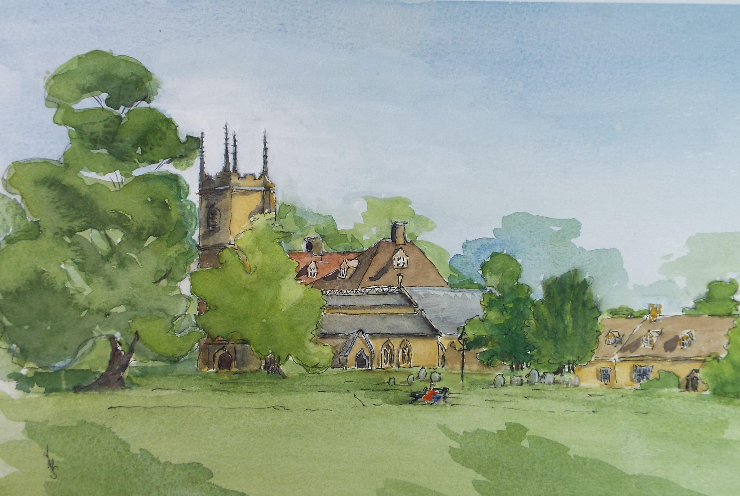 Original Watercolour, 'Village and village Green', Circa 1980's, Artist Unknown