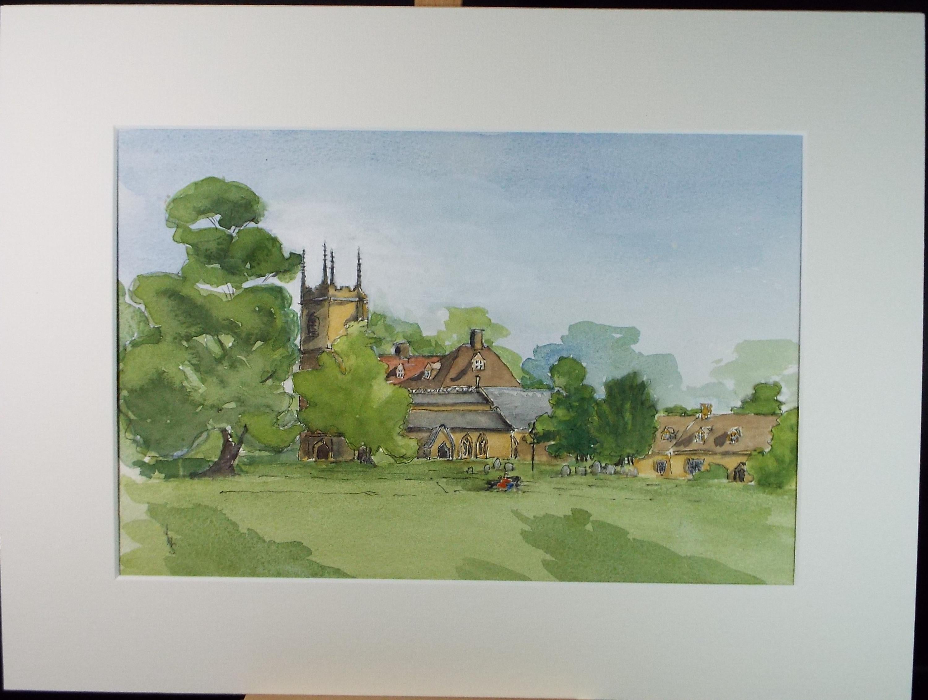 Original Watercolour, 'Village and village Green', Circa 1980's, Artist Unknown