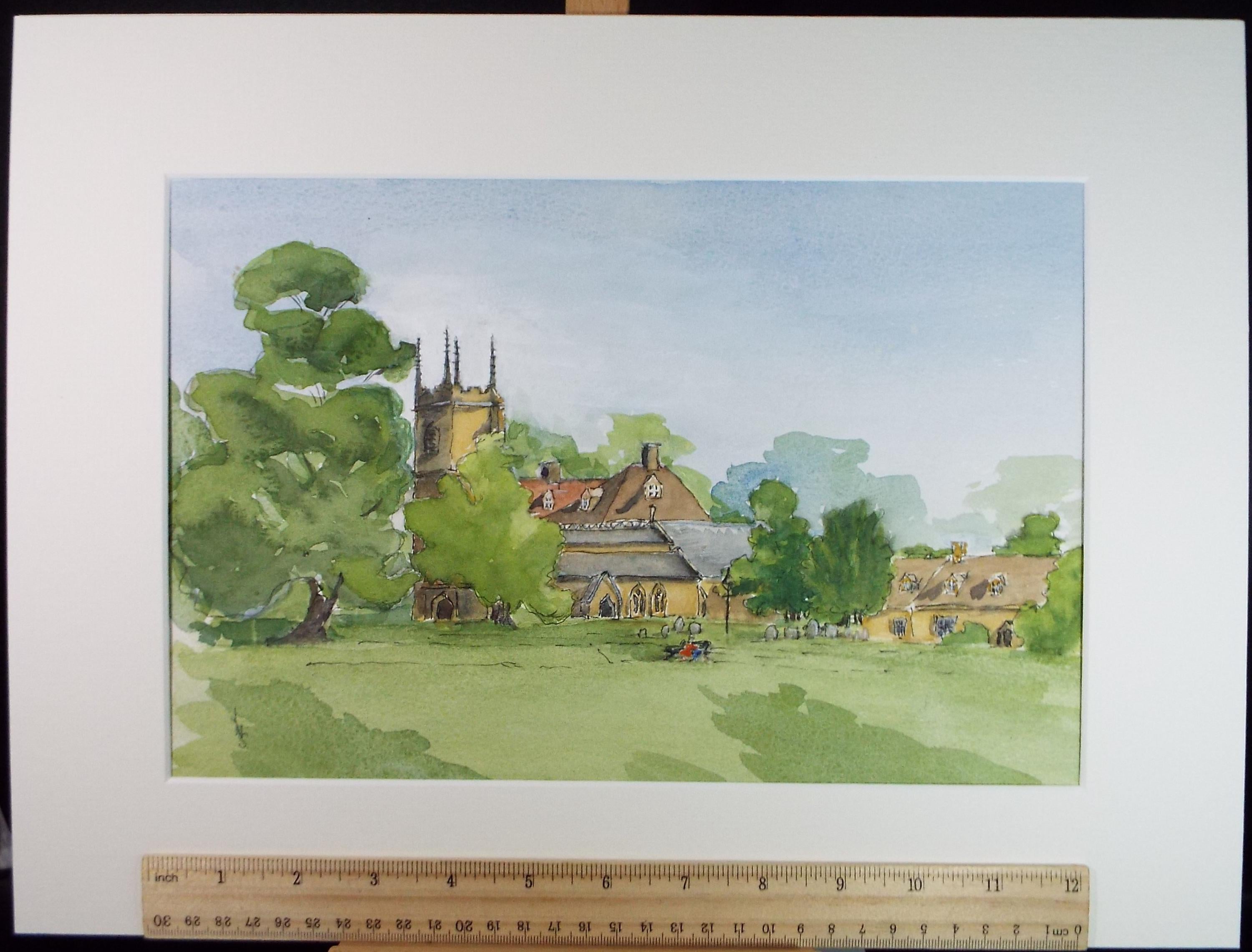 Original Watercolour, 'Village and village Green', Circa 1980's, Artist Unknown