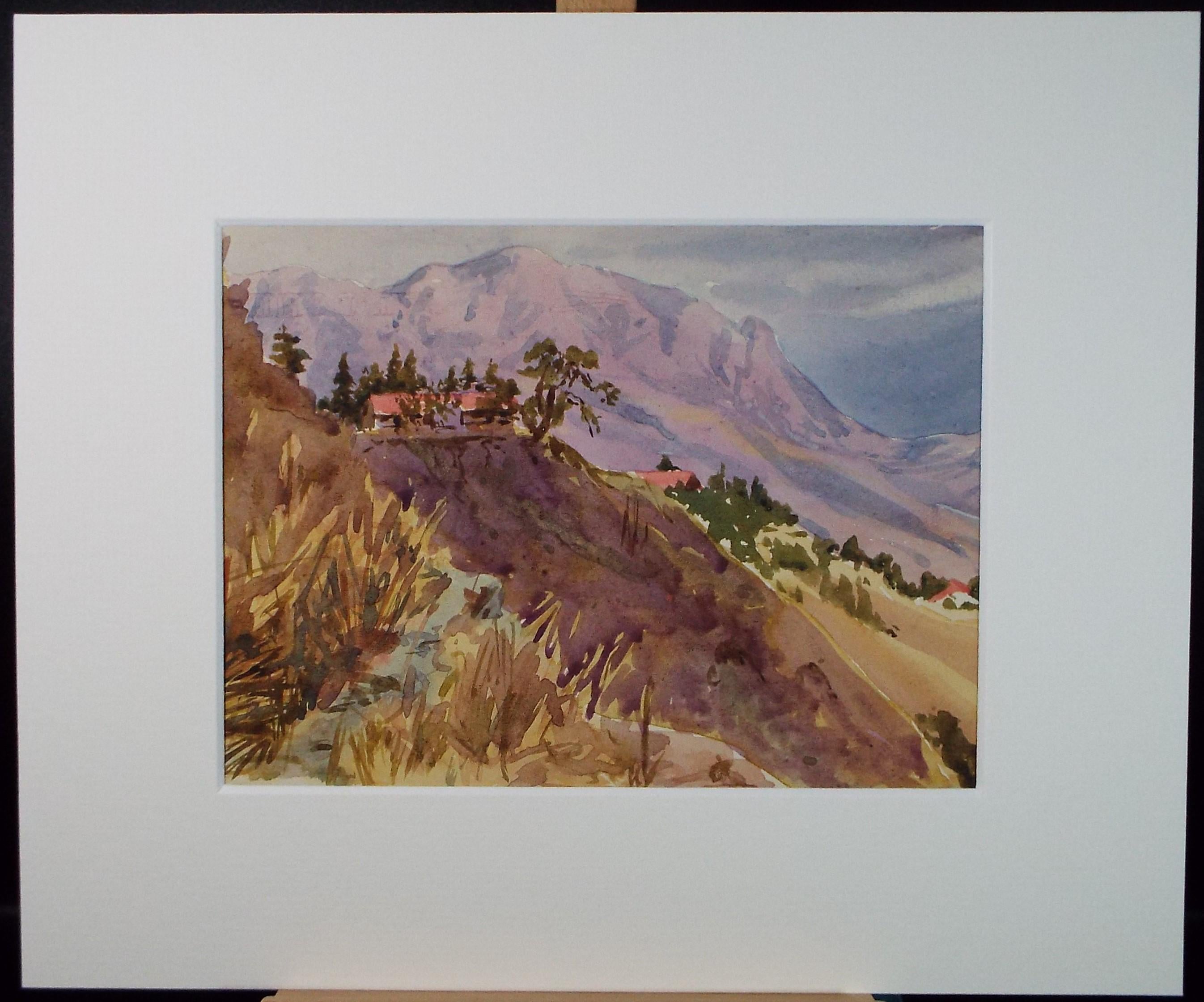 Original Watercolour, 'Hilltop Village', Circa 1950's, Artist Unknown