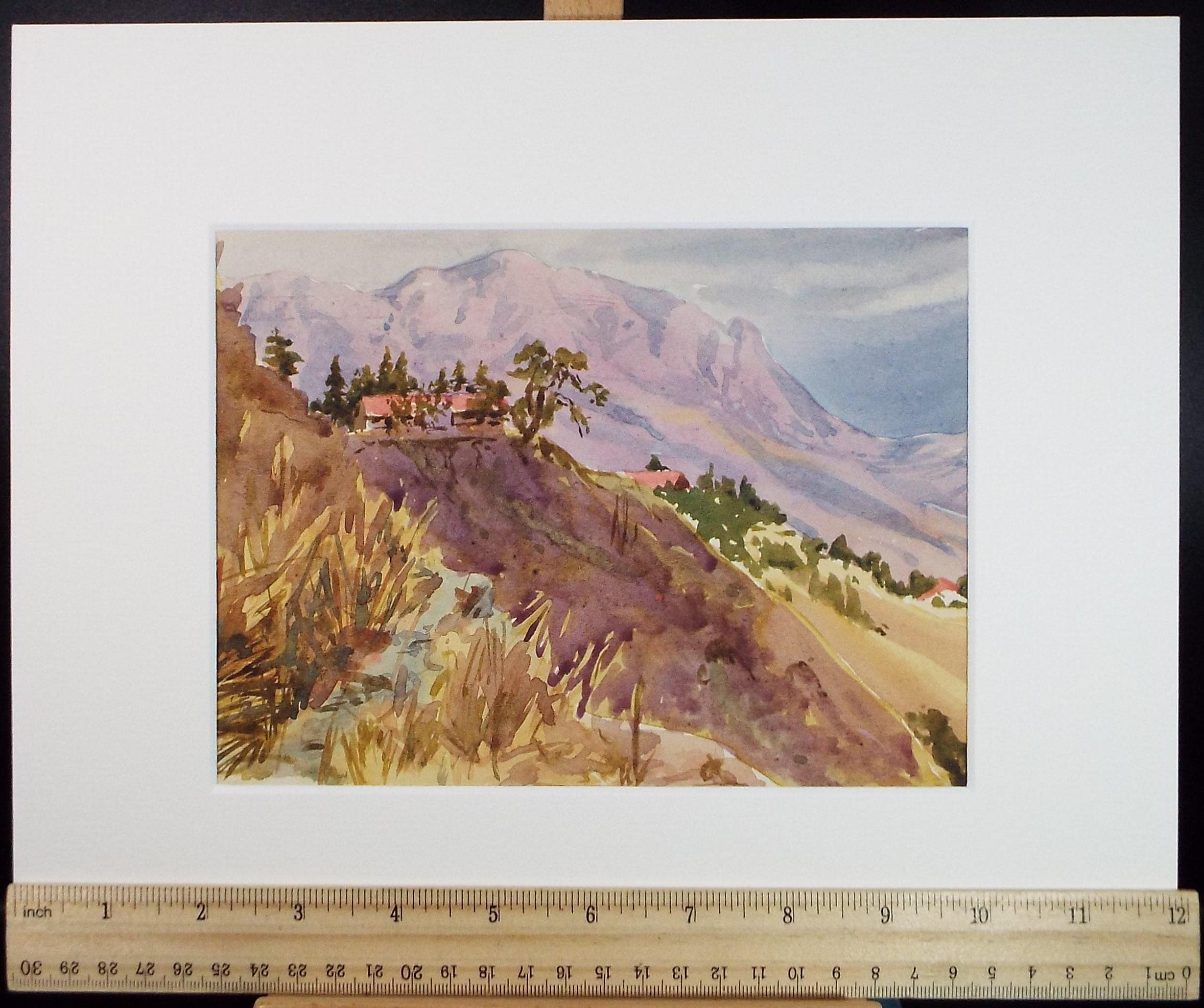 Original Watercolour, 'Hilltop Village', Circa 1950's, Artist Unknown