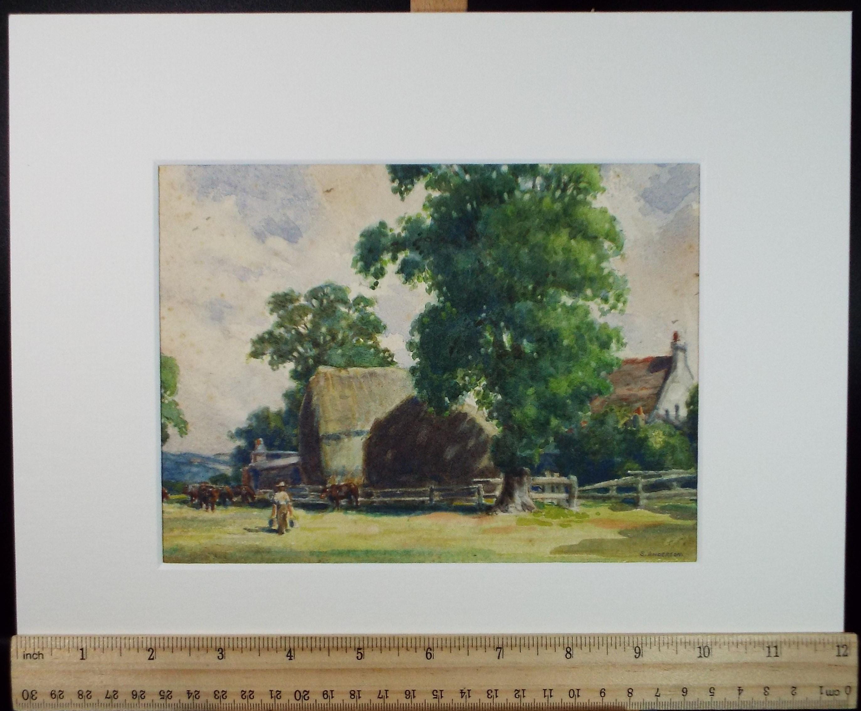 Original Watercolour 'Farm with Figure', circa 1930's, S Anderson