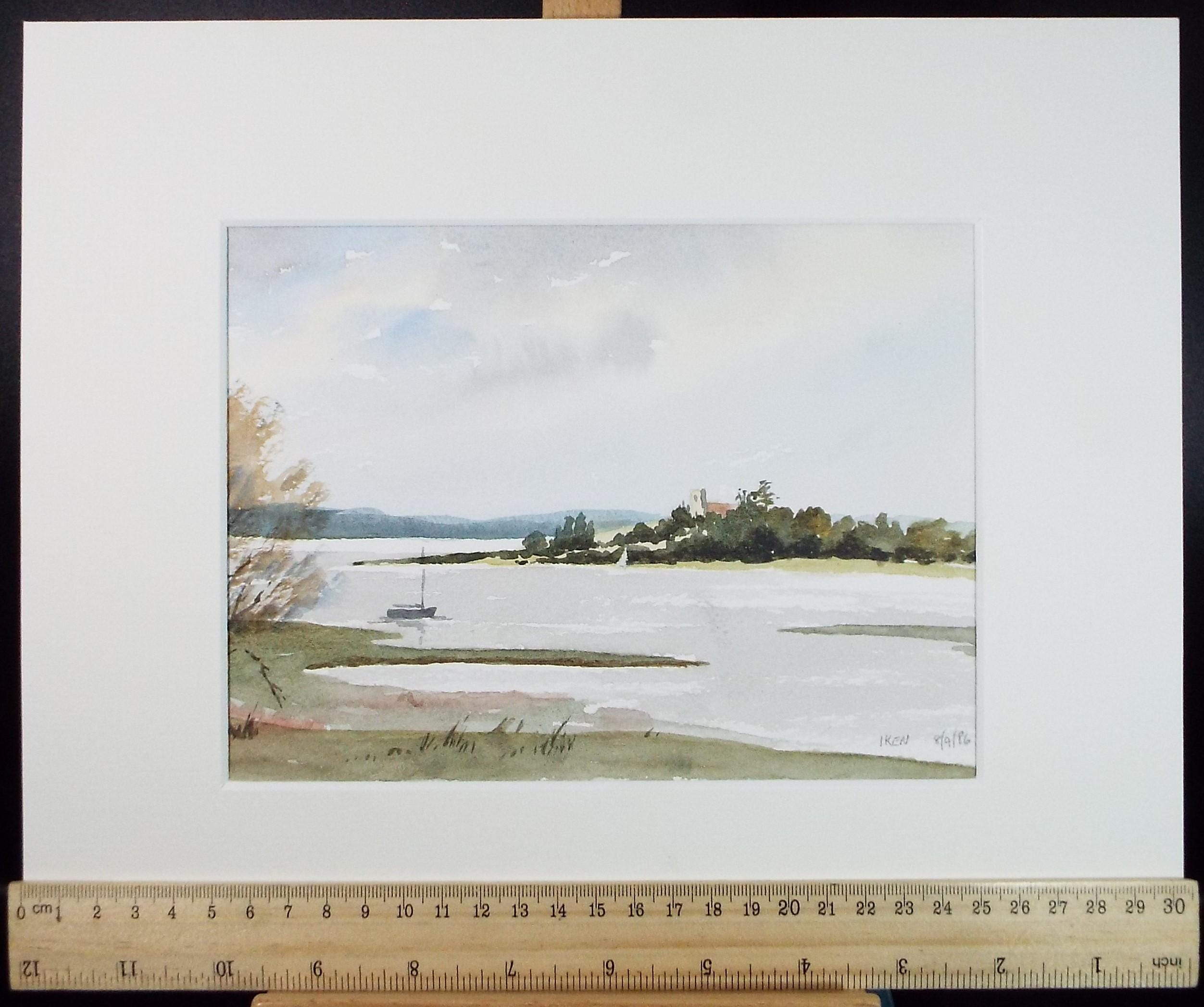 Original Watercolour, 'Moored boat on the River', Dated 1986, Artist Unknown