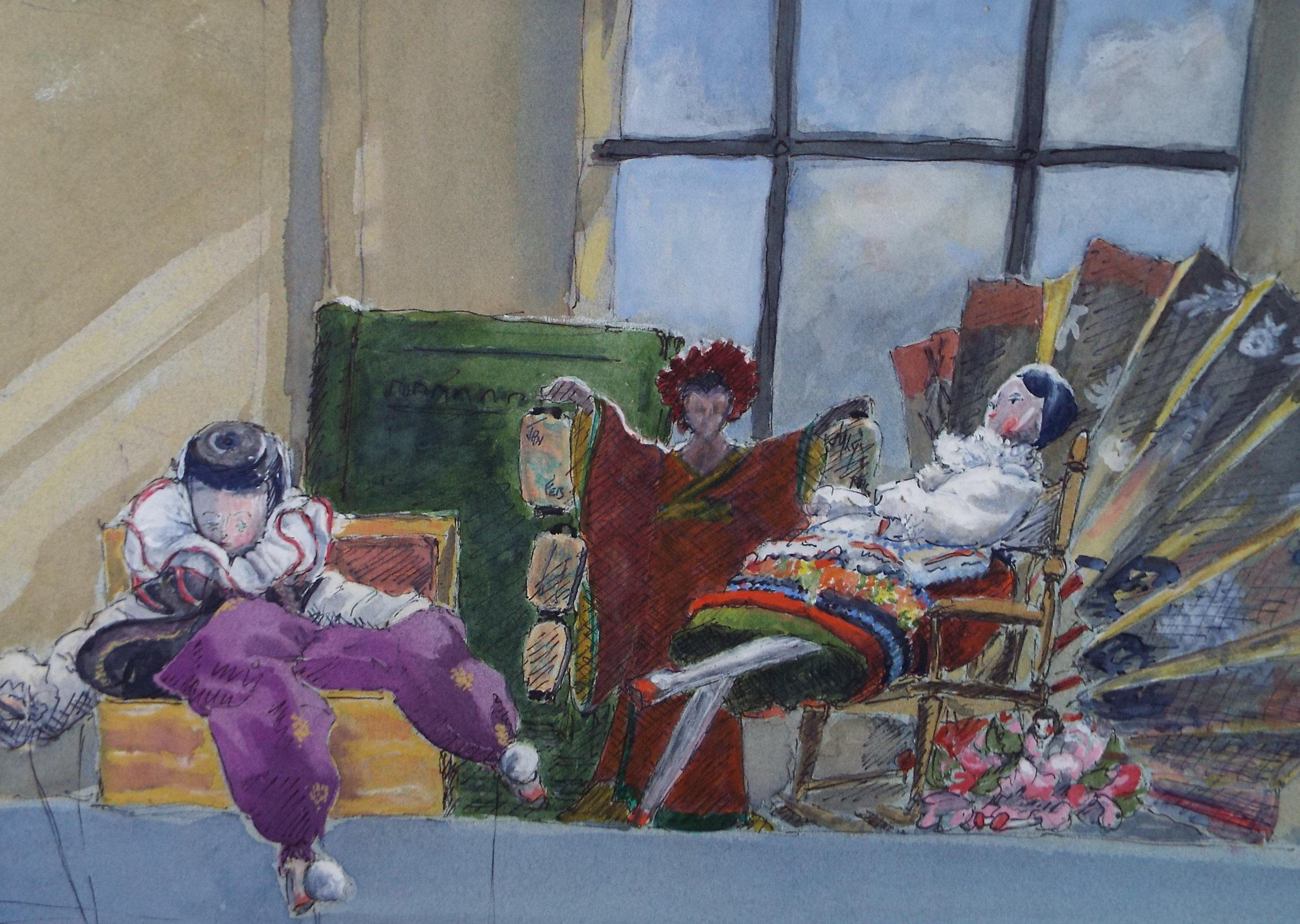 Original Watercolour, 'A Trio of Puppets', Artist Unknown, circa 1980's