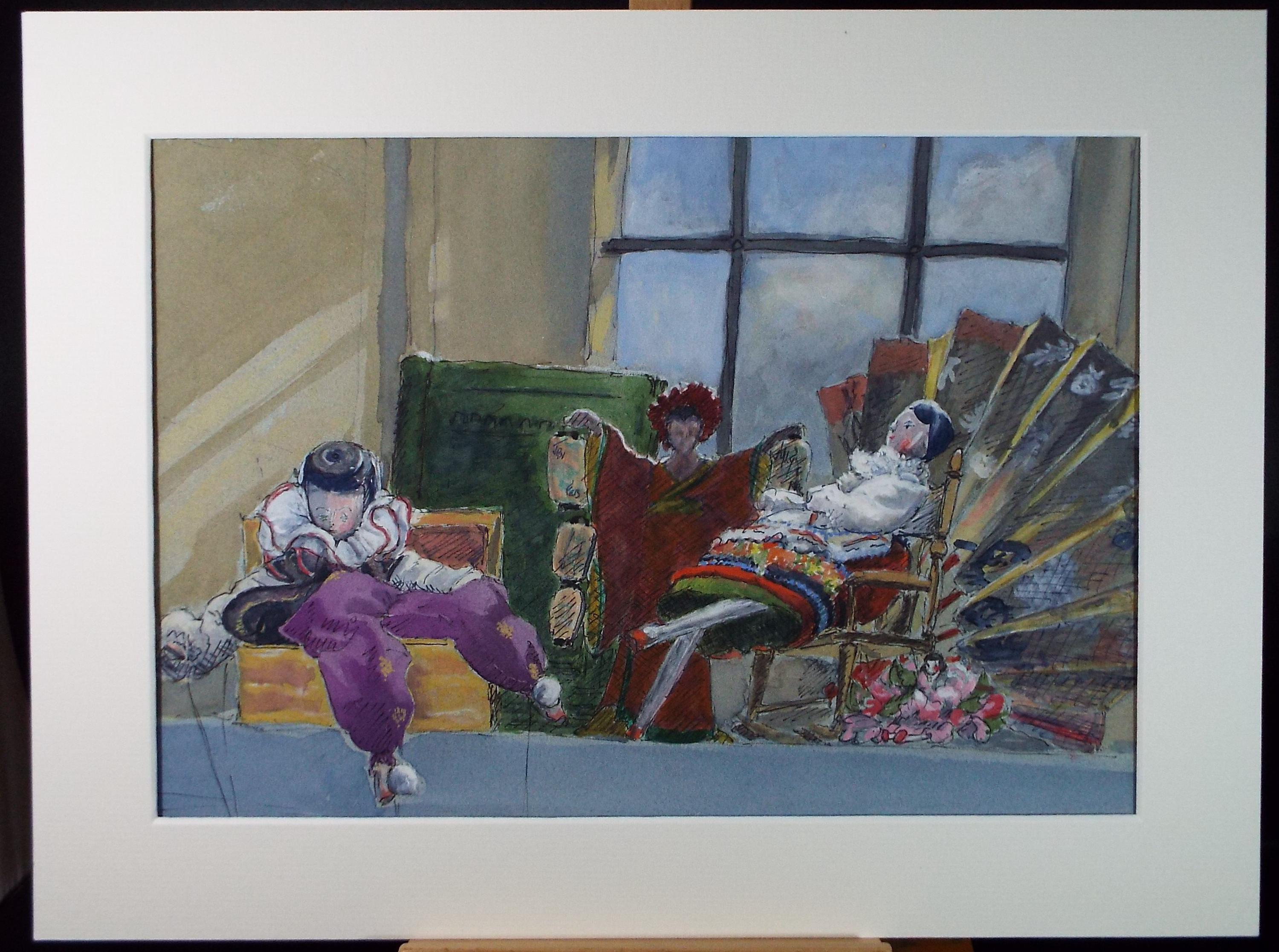 Original Watercolour, 'A Trio of Puppets', Artist Unknown, circa 1980's