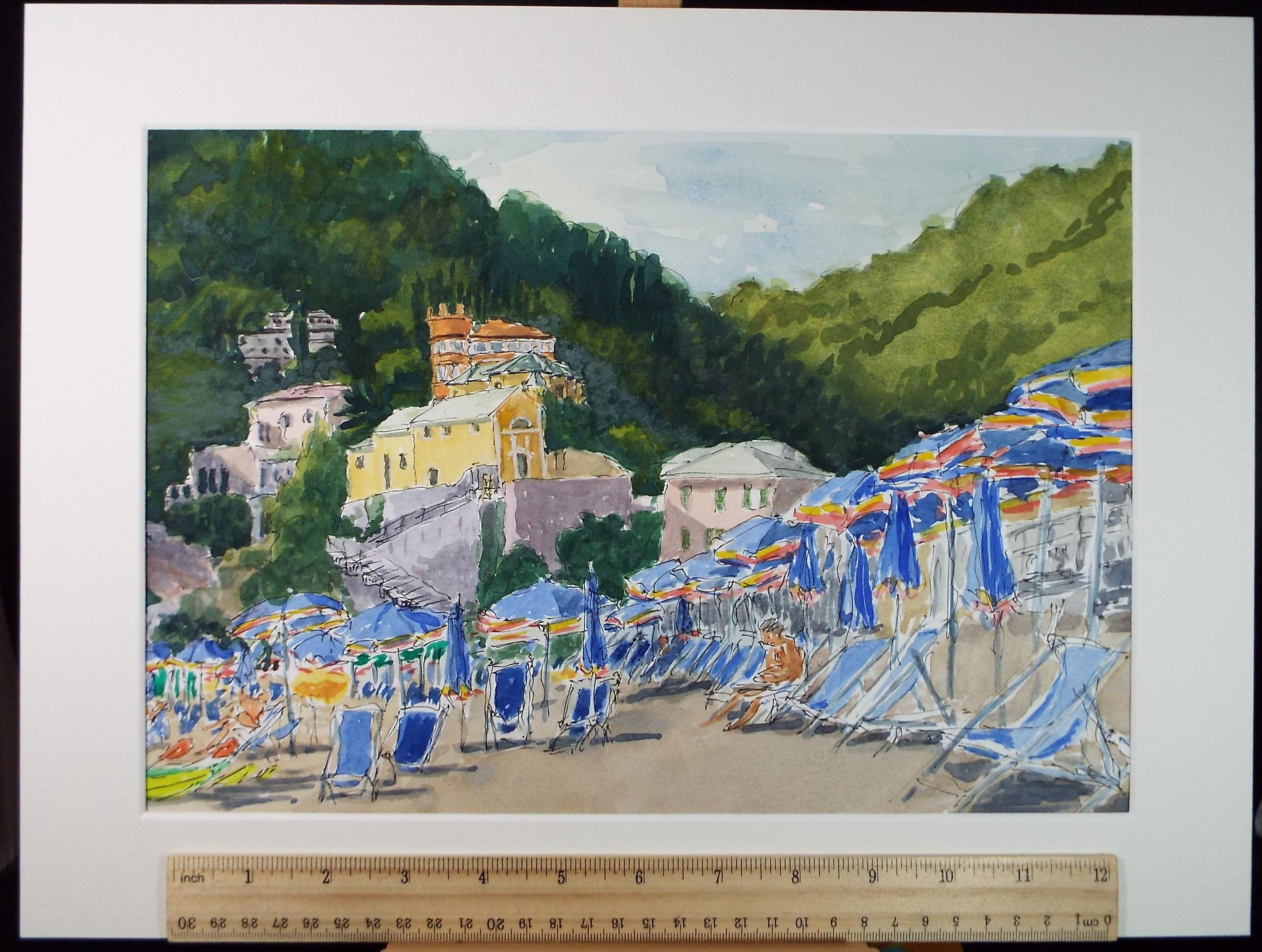 Original Watercolour, 'Beach with Parasols', Circa 1980's, Artist Unknown