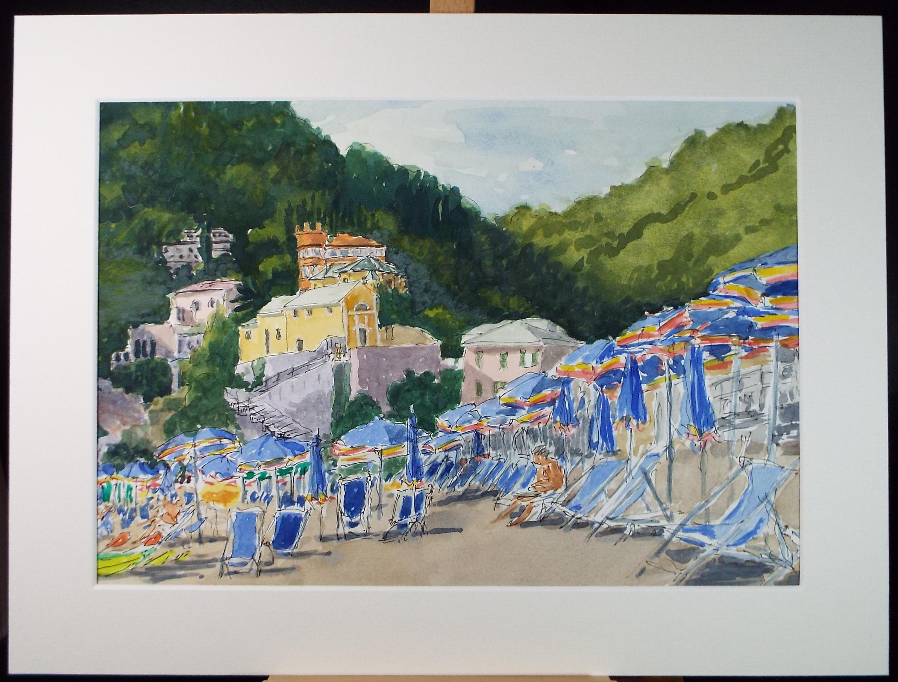 Original Watercolour, 'Beach with Parasols', Circa 1980's, Artist Unknown