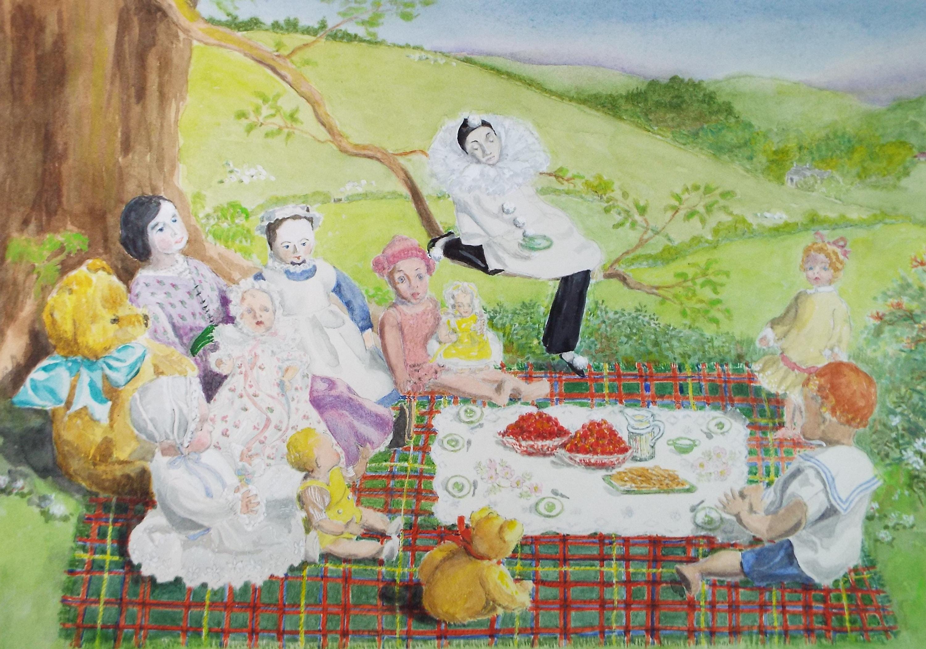 Original Watercolour, 'Toy's Picnic', Artist Unknown, circa 1980's