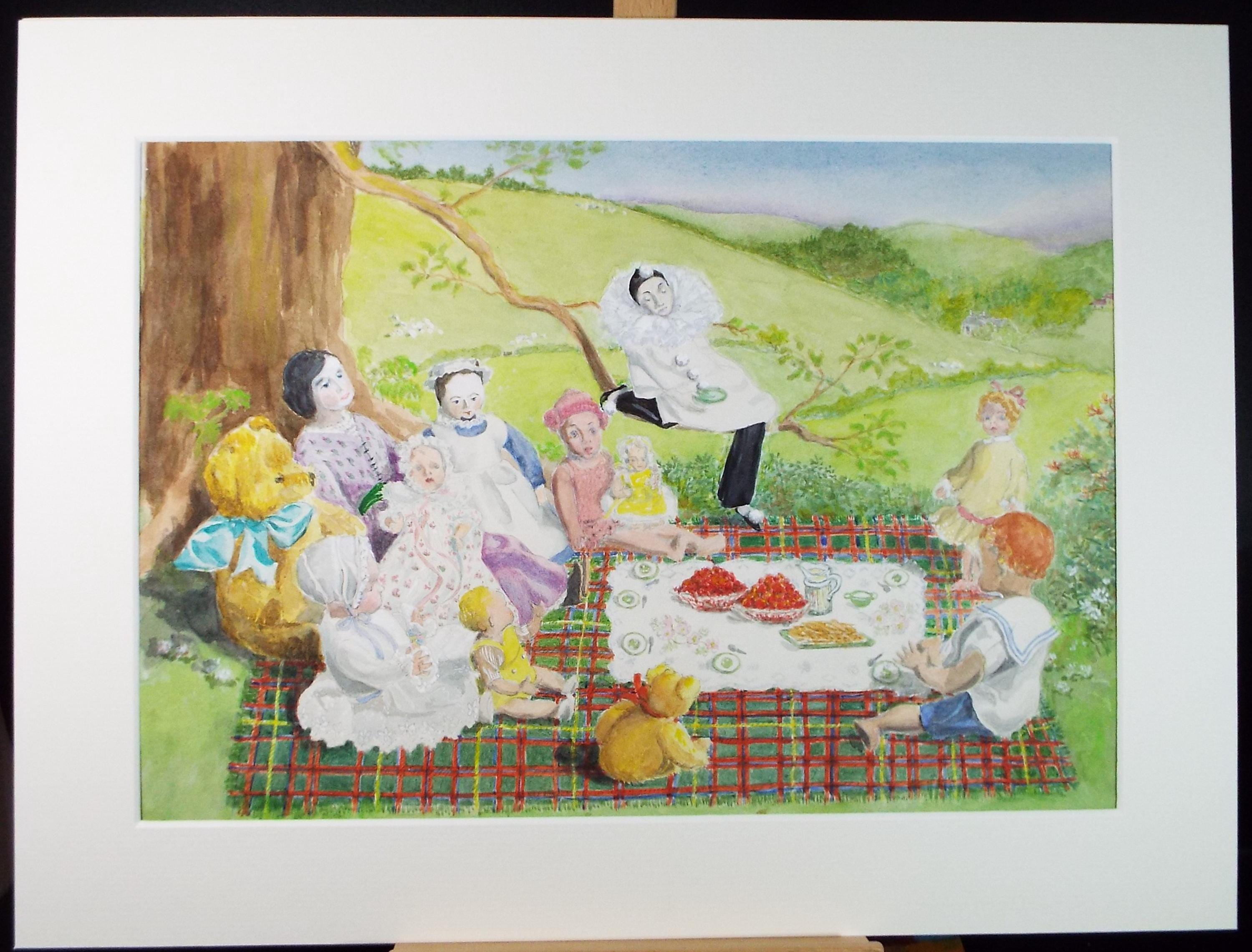Original Watercolour, 'Toy's Picnic', Artist Unknown, circa 1980's