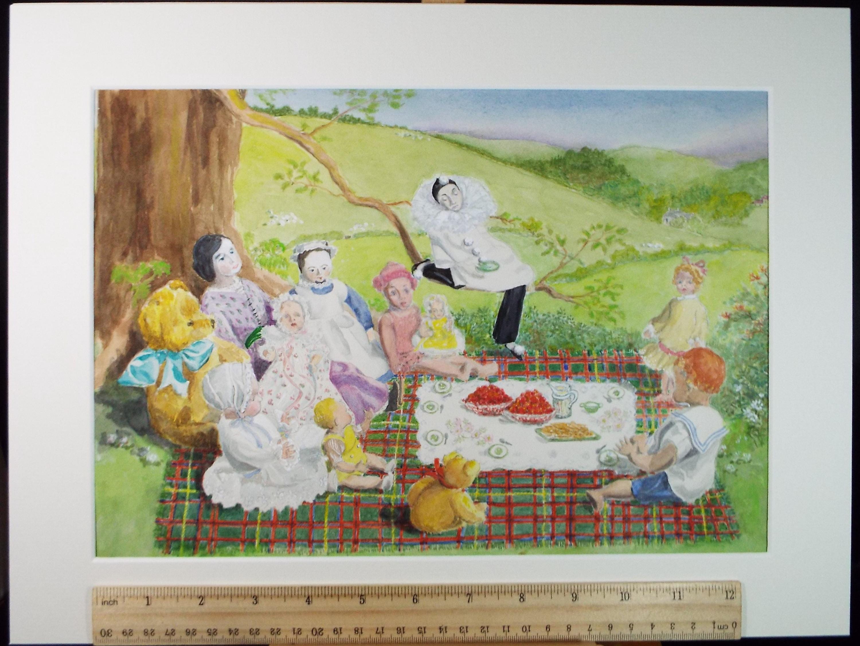 Original Watercolour, 'Toy's Picnic', Artist Unknown, circa 1980's