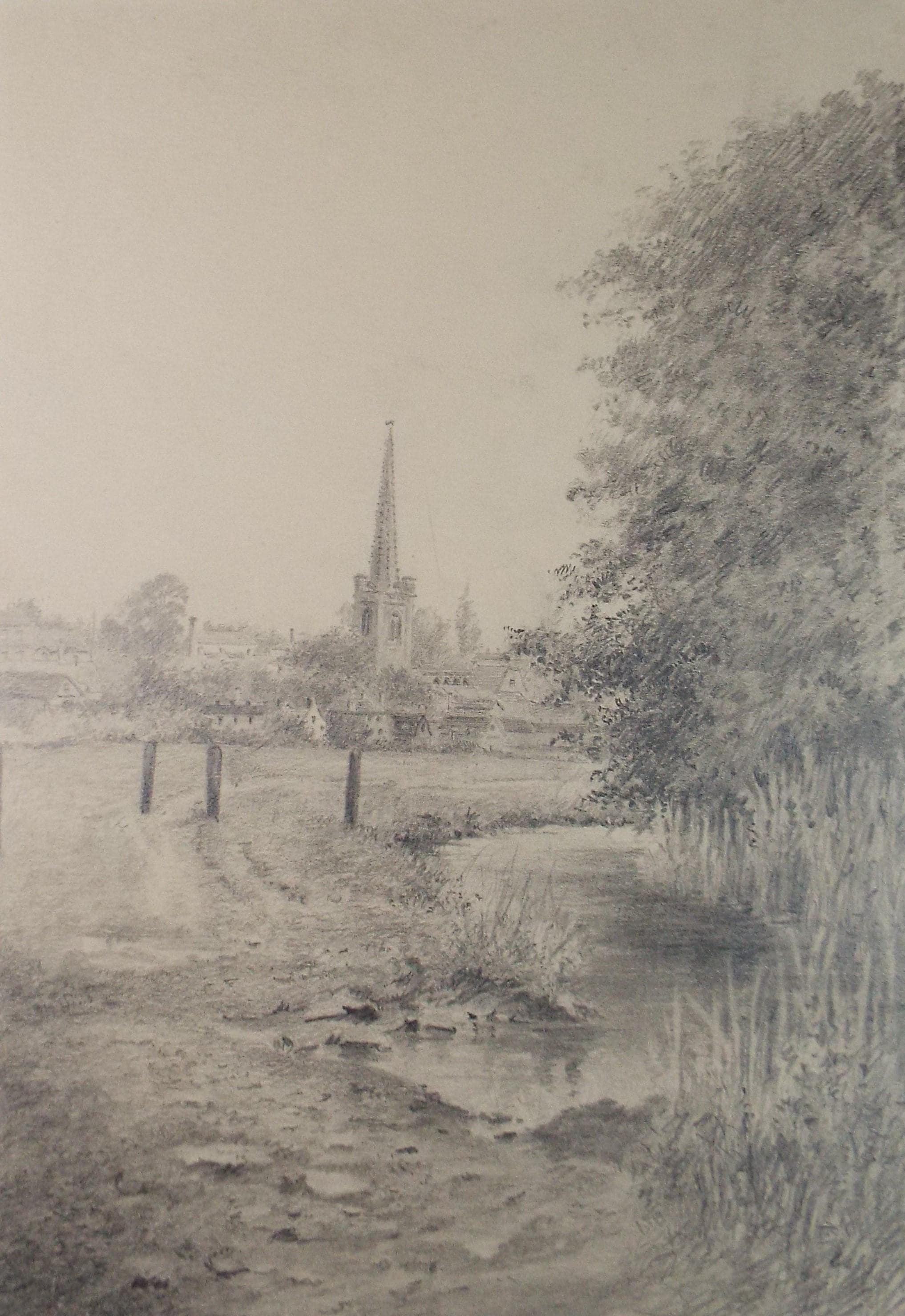 Original pencil drawing 'River with Town Beyond', Marion E Jones (1837-1903), Circa 1860's