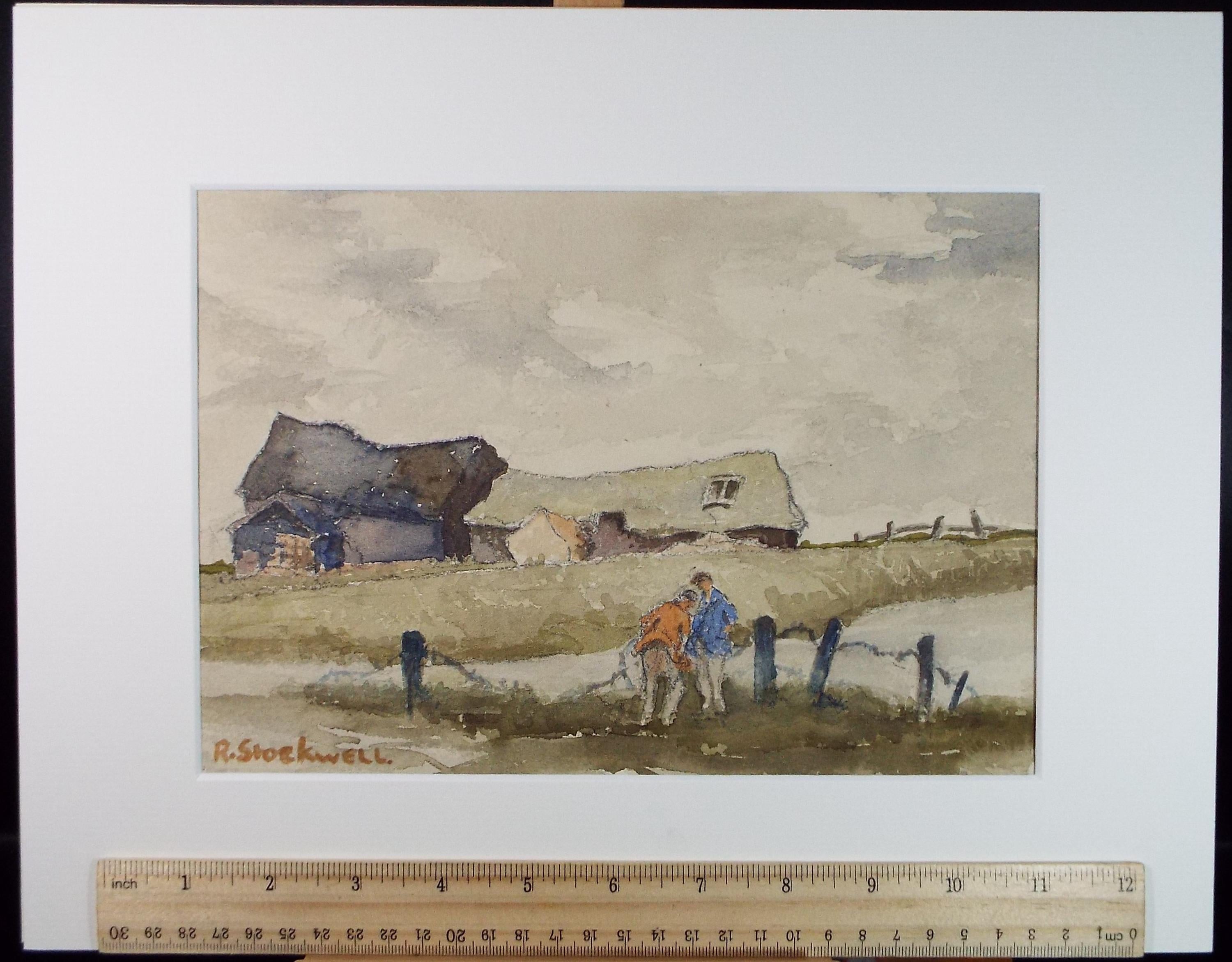Original Watercolour, 'Barns with figures', R Stockwell, Circa 1950's