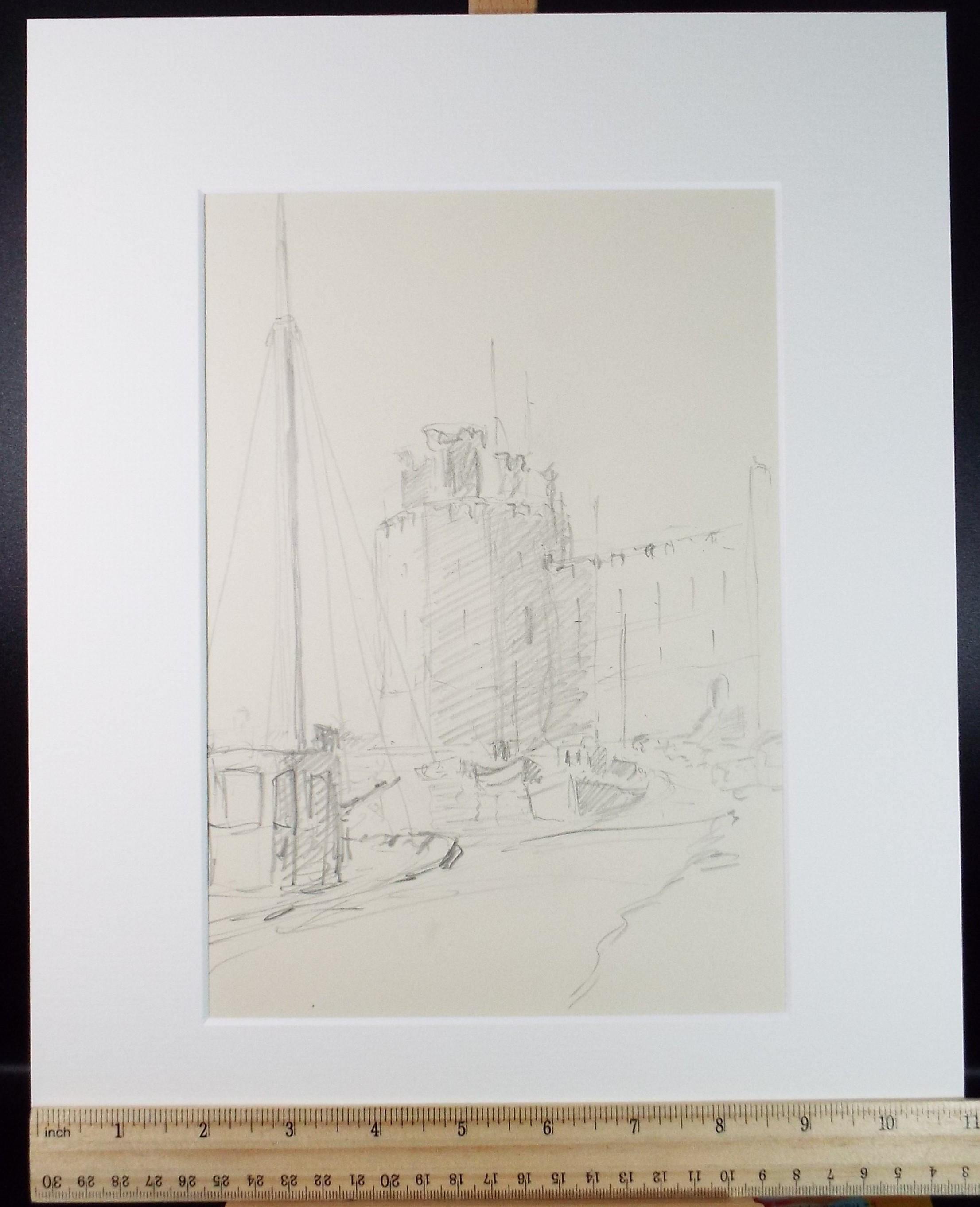 Original Pencil Drawing, 'Castle Tower with moored boats', Artist Unknown, Circa 1950's