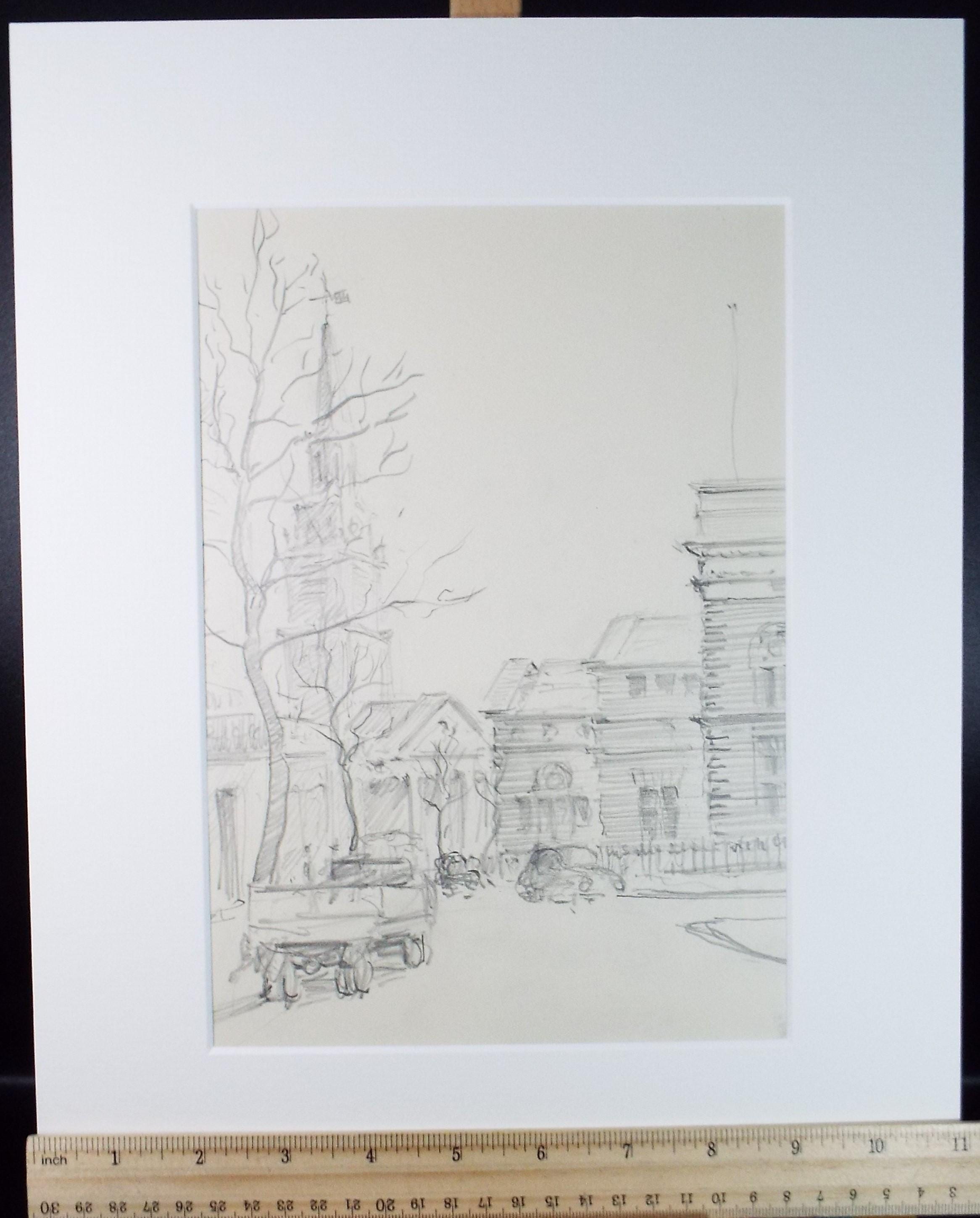 Original Pencil Drawing, 'View from Charing Cross Road', Artist Unknown, Circa 1950's