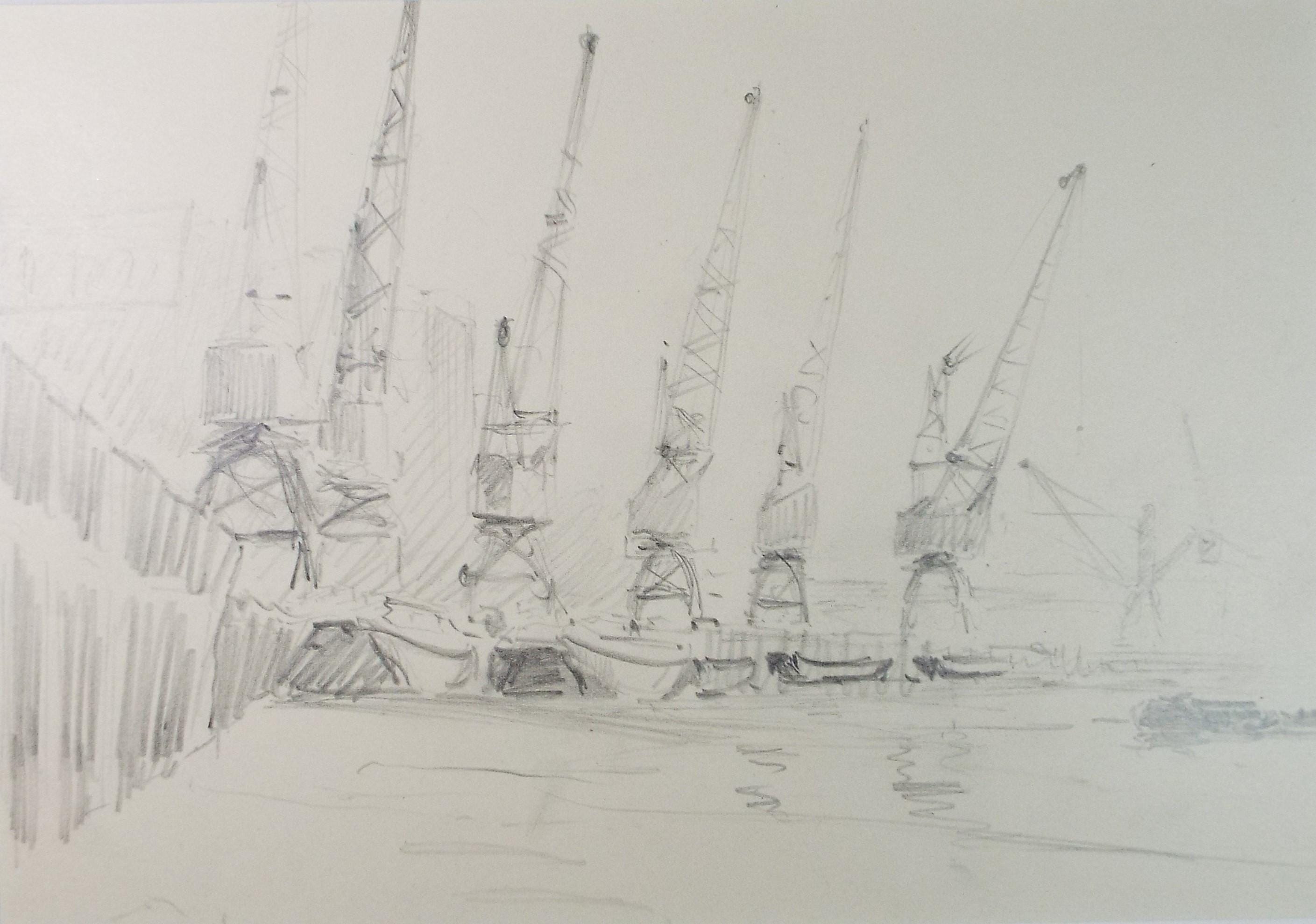 Original Pencil Drawing, 'Thames Cranes', Artist Unknown, Circa 1950's