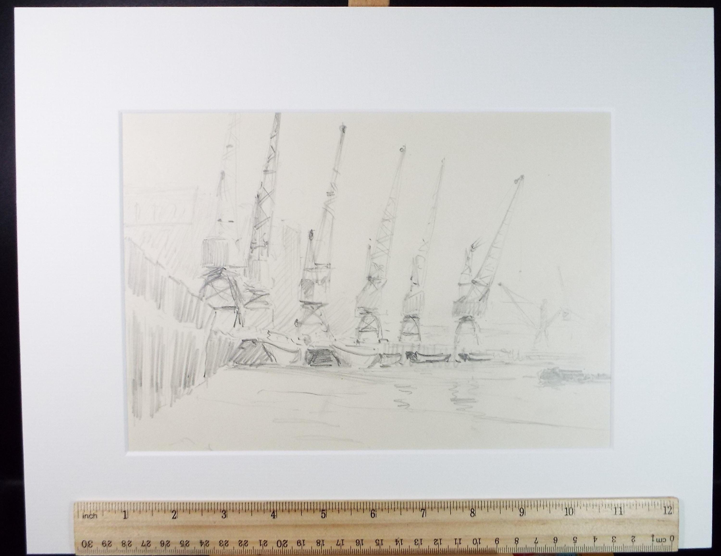 Original Pencil Drawing, 'Thames Cranes', Artist Unknown, Circa 1950's