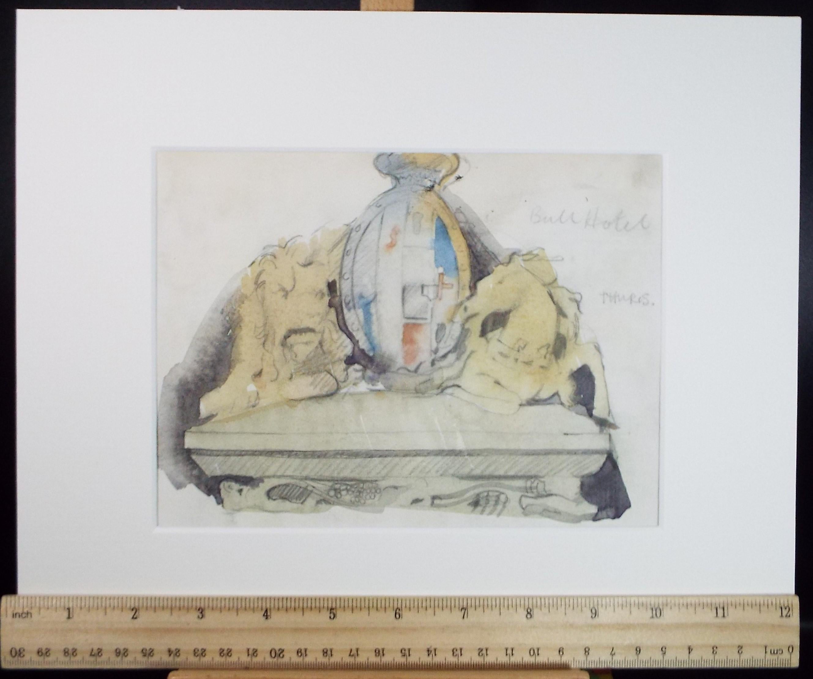 Original Watercolour & pencil Drawing, 'Armorial Plaque - Bull Hotel', Artist Unknown, Circa 1950's