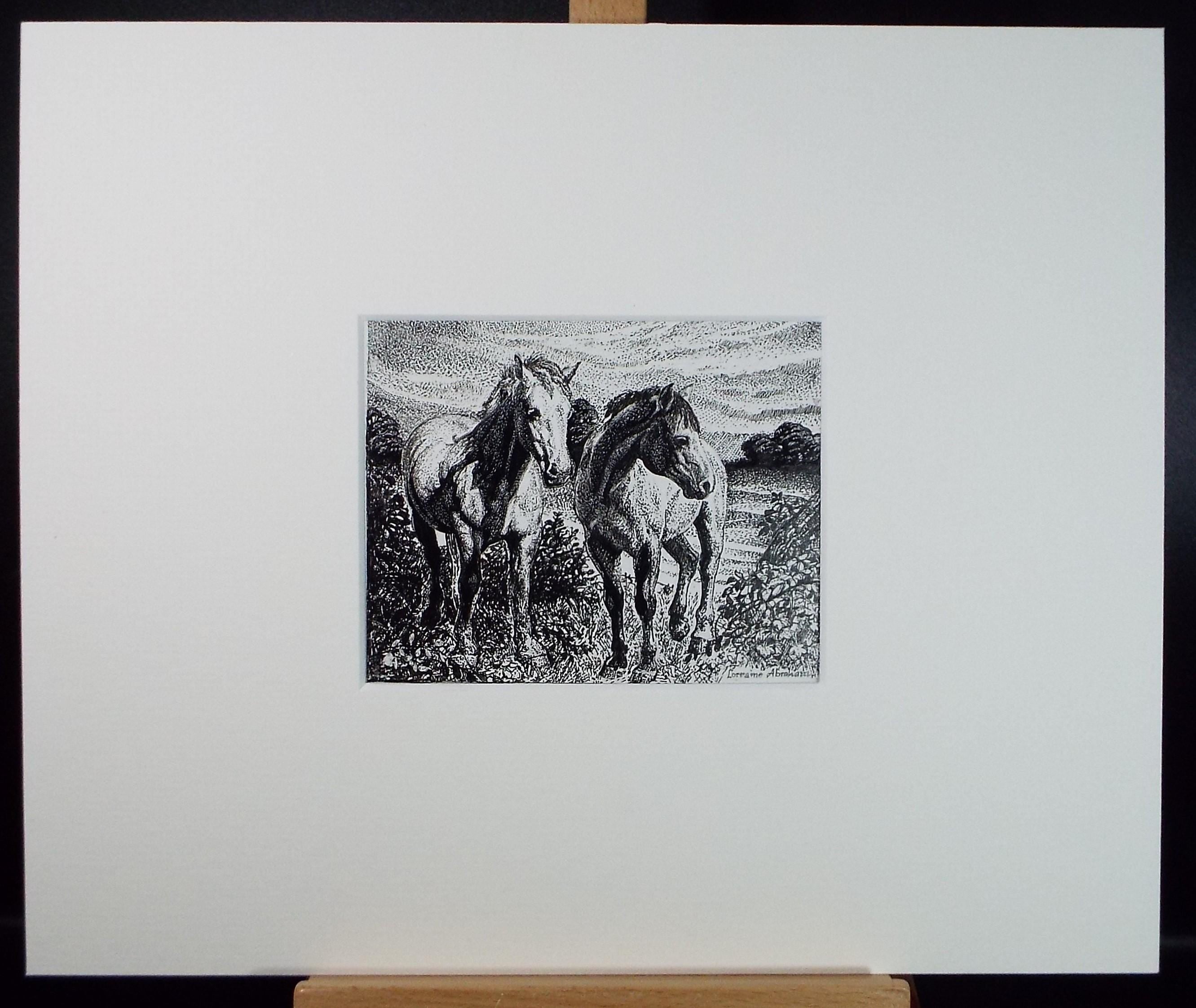 Original Scraperboard & ink drawing, 'Pair of Horses', Lorraine Abraham RSMA (1941-2023), Circa 1990's