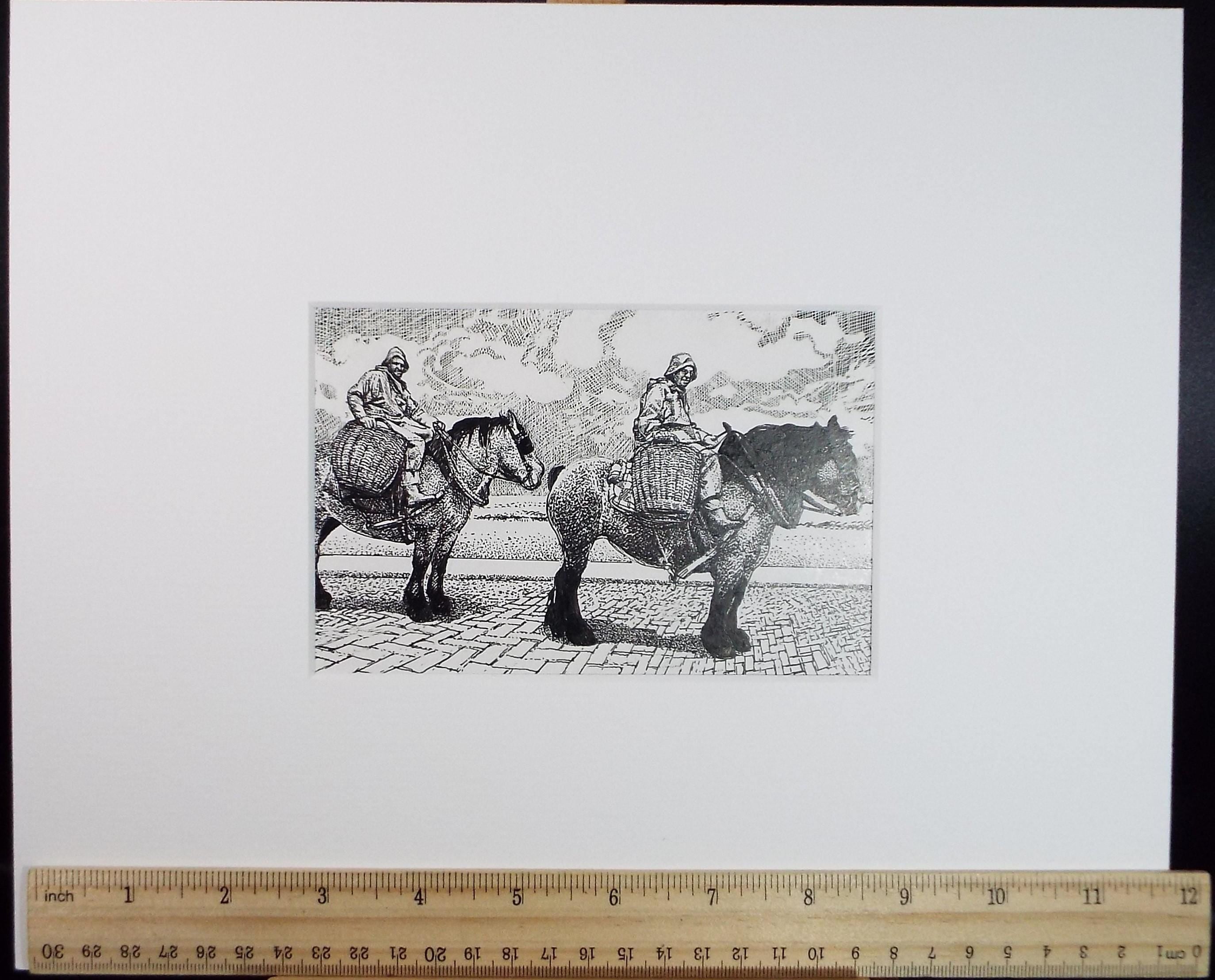 Original Scraperboard & ink drawing, 'Cockle Pickers', Lorraine Abraham RSMA (1941-2023), Circa 1990's