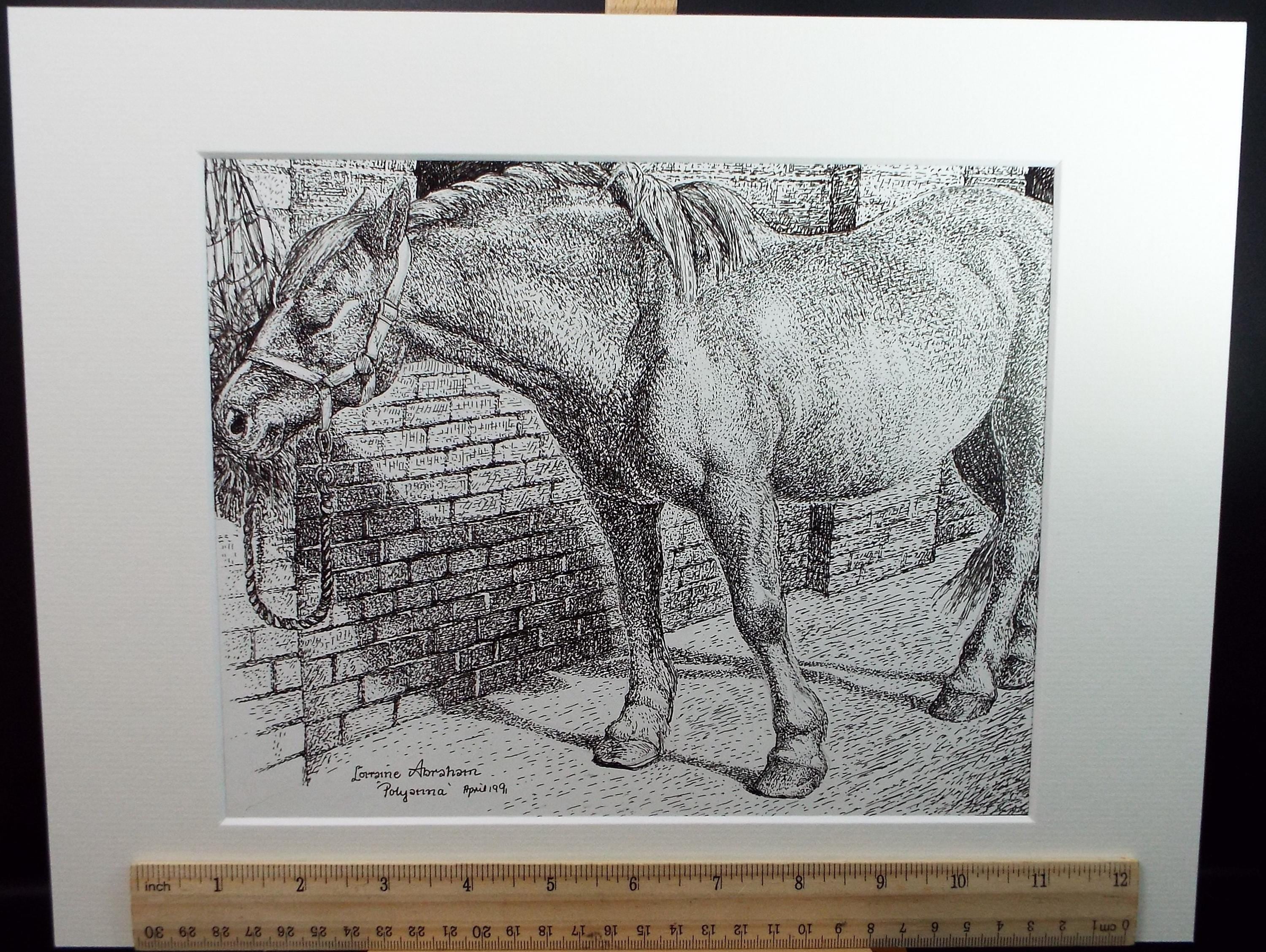 Original Scraperboard & ink drawing, 'Pollyanna Feeding', Lorraine Abraham RSMA (1941-2023), Circa 1990's